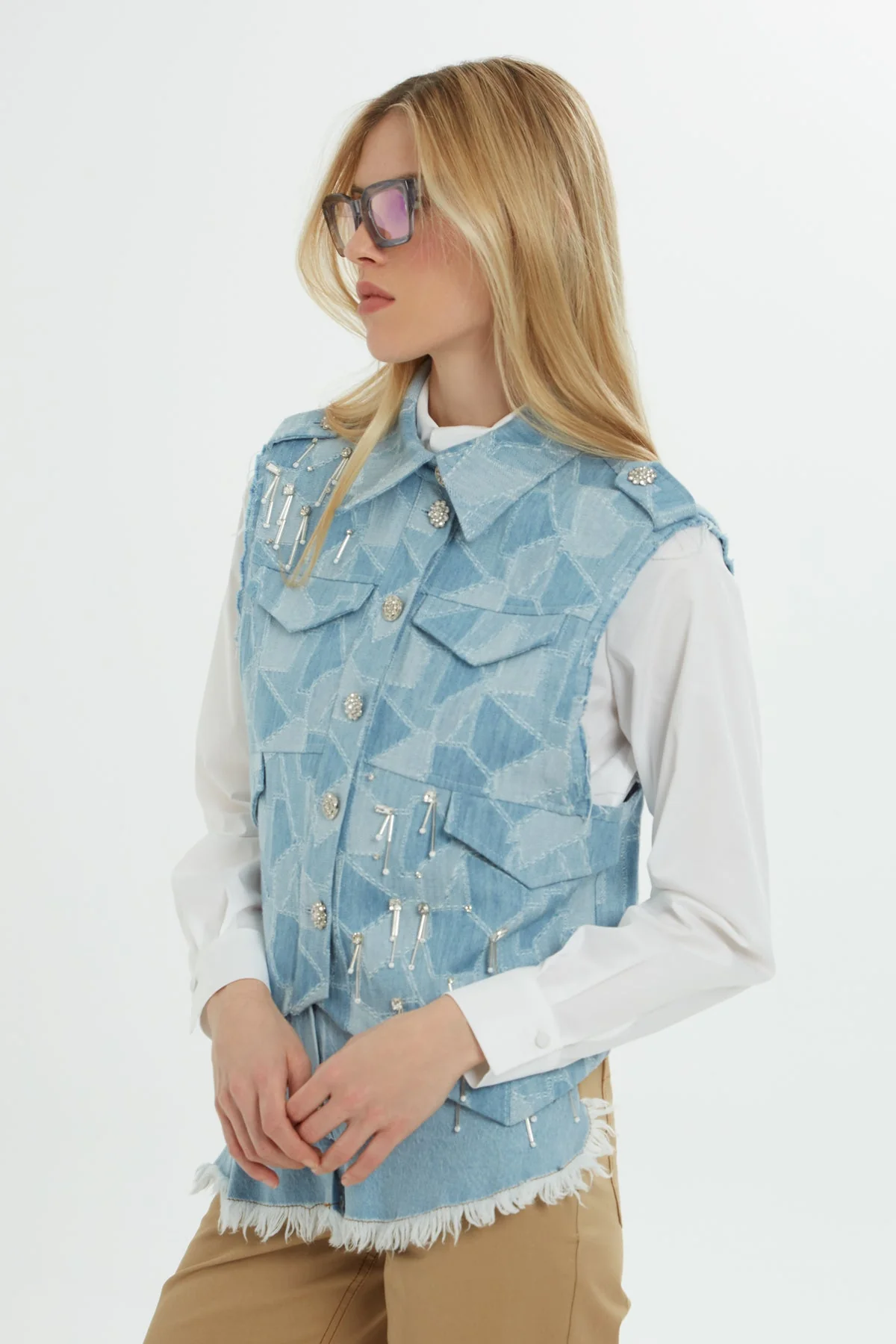 Blue Pocketed Embroidered Denim Vest - Image 2
