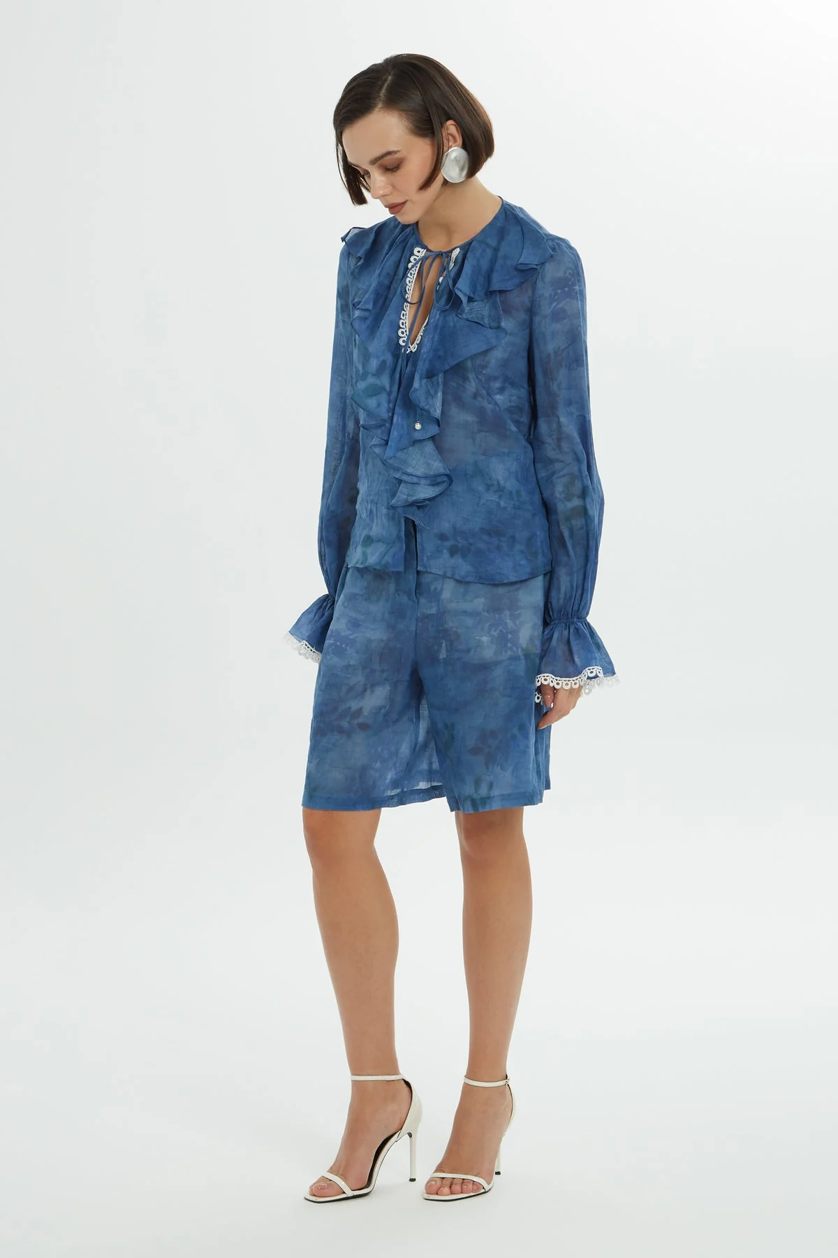 Blue Ruffle Collar Detail Blouse - Image 3