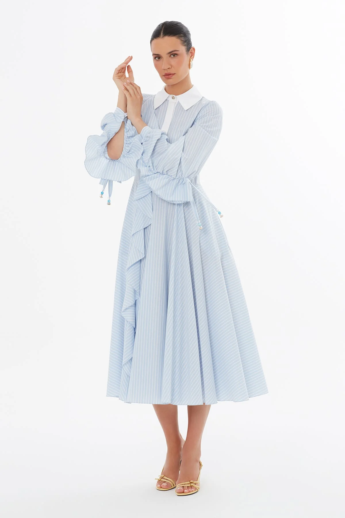 Blue Ruffle Detail Midi Dress