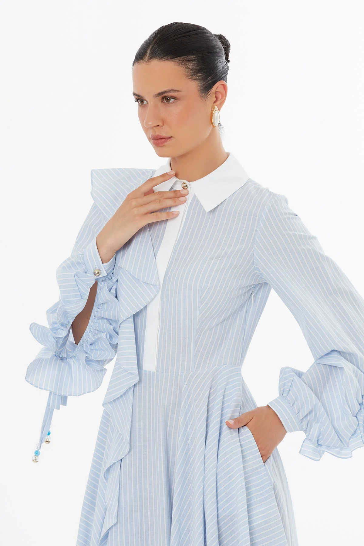 Blue Ruffle Detail Midi Dress - Image 2