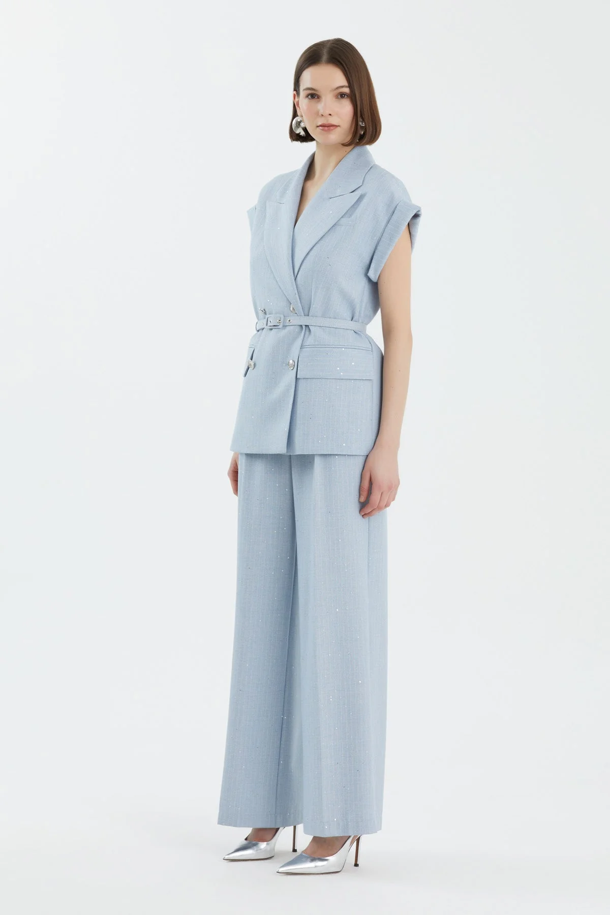 Blue Sequin Fabric Wrap Suit - Image 2