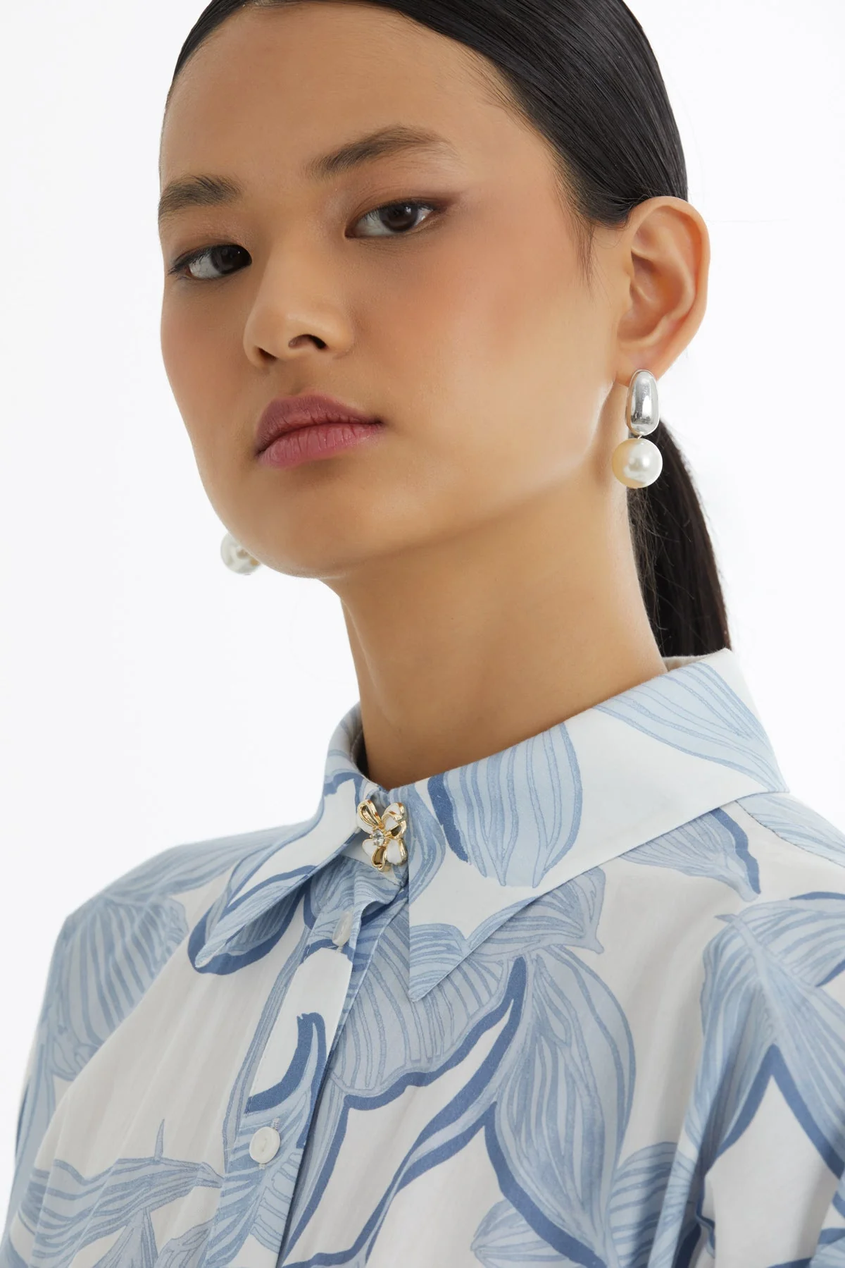 Blue Shirt Collar Patterned Dress - Image 3