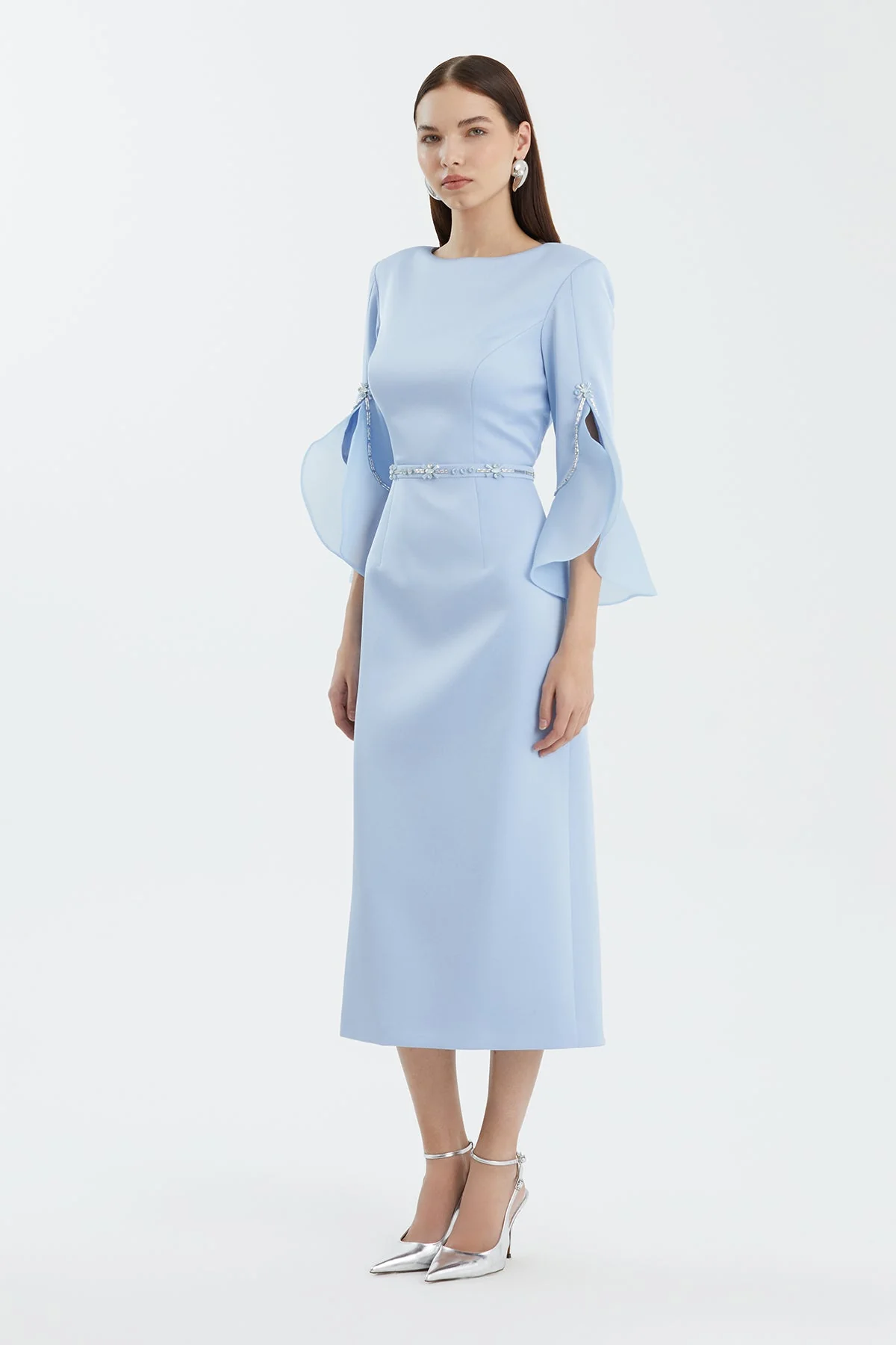 Blue Shoulder-Pad Embroidered Slit Dress