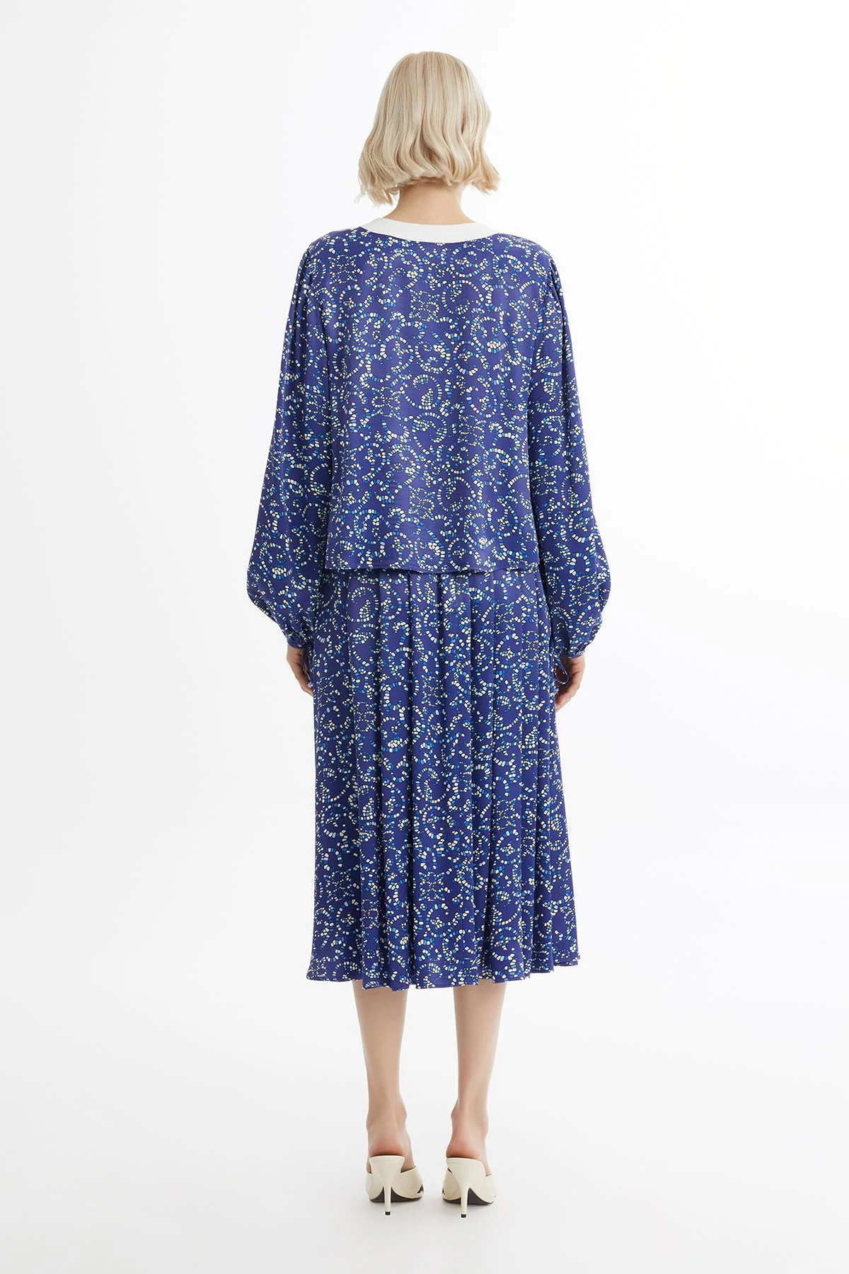 Blue Tie-Neck Blouse Skirt Set - Image 4