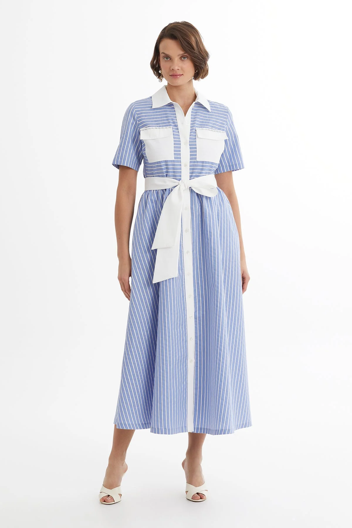 Blue Tie-Waist Striped Dress