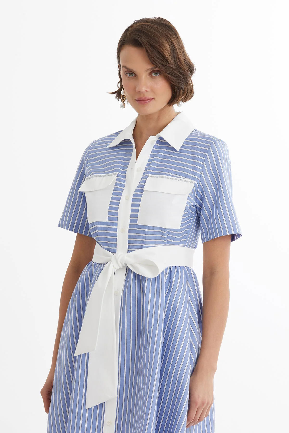 Blue Tie-Waist Striped Dress - Image 2