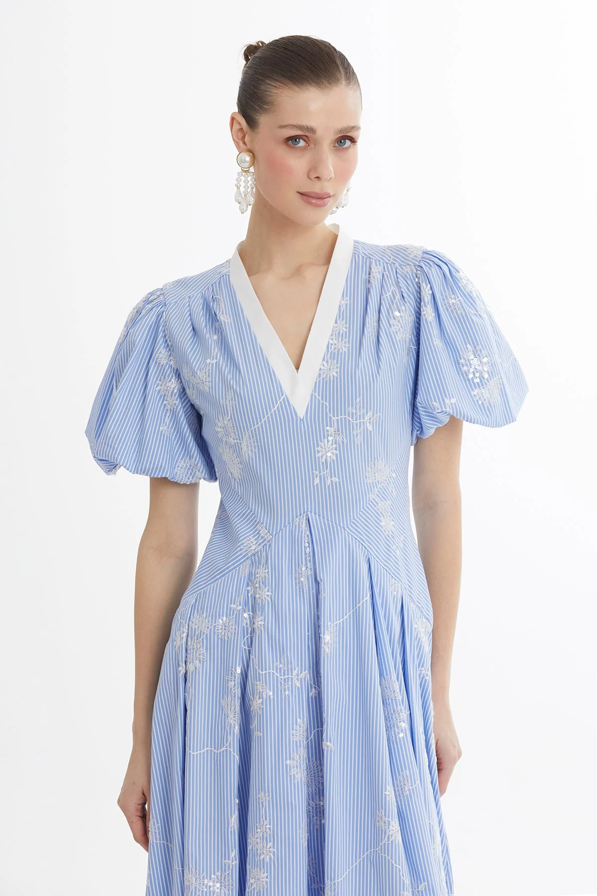 Blue V-Neck Puff Sleeve Dress - Image 2