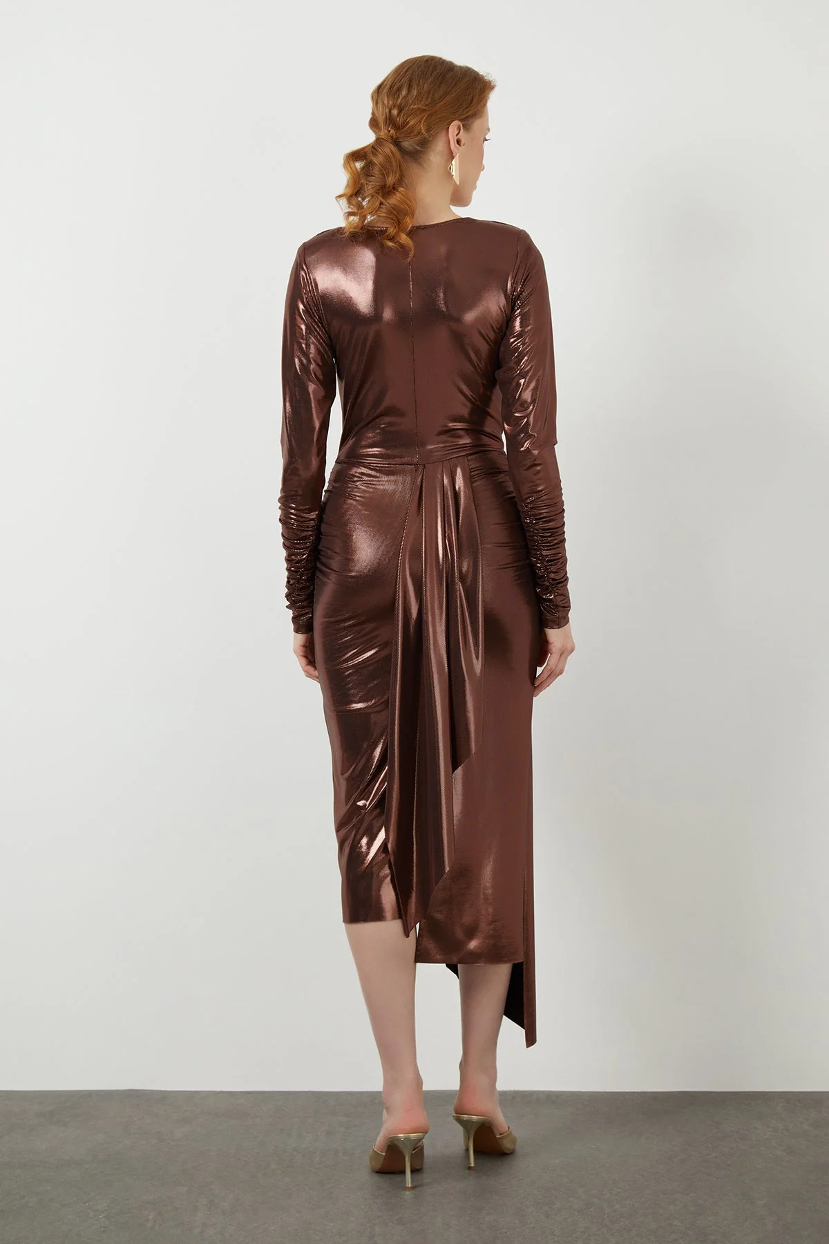Brown Asymmetric Metallic Midi Dress - Image 4