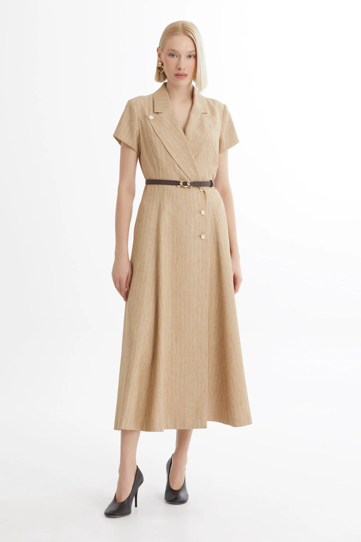 Brown Belted Flounce Dress