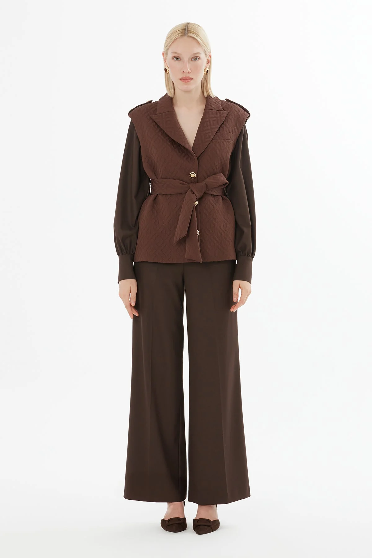 Brown Belted Jacket and Trousers Set