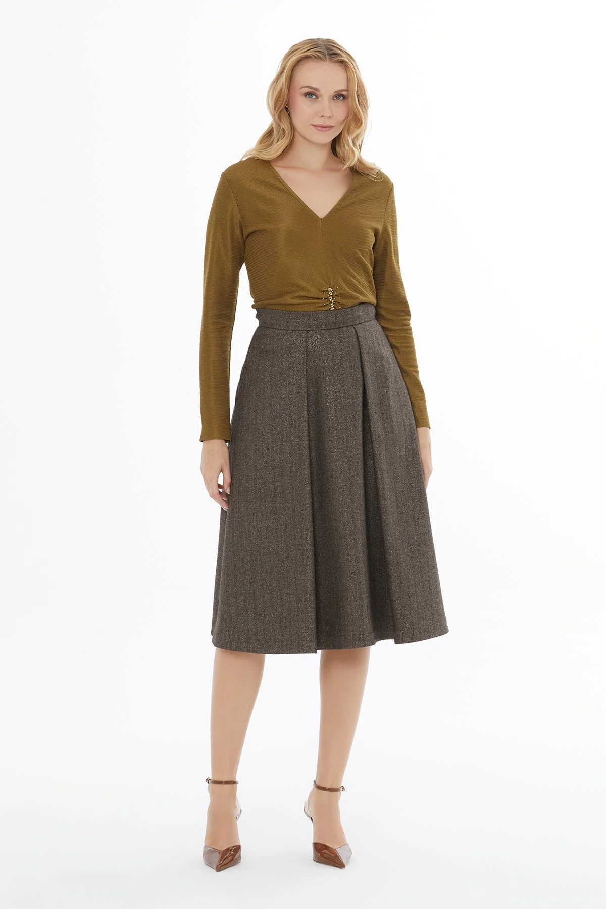 Brown Midi Skirt with Side Slit - Image 3