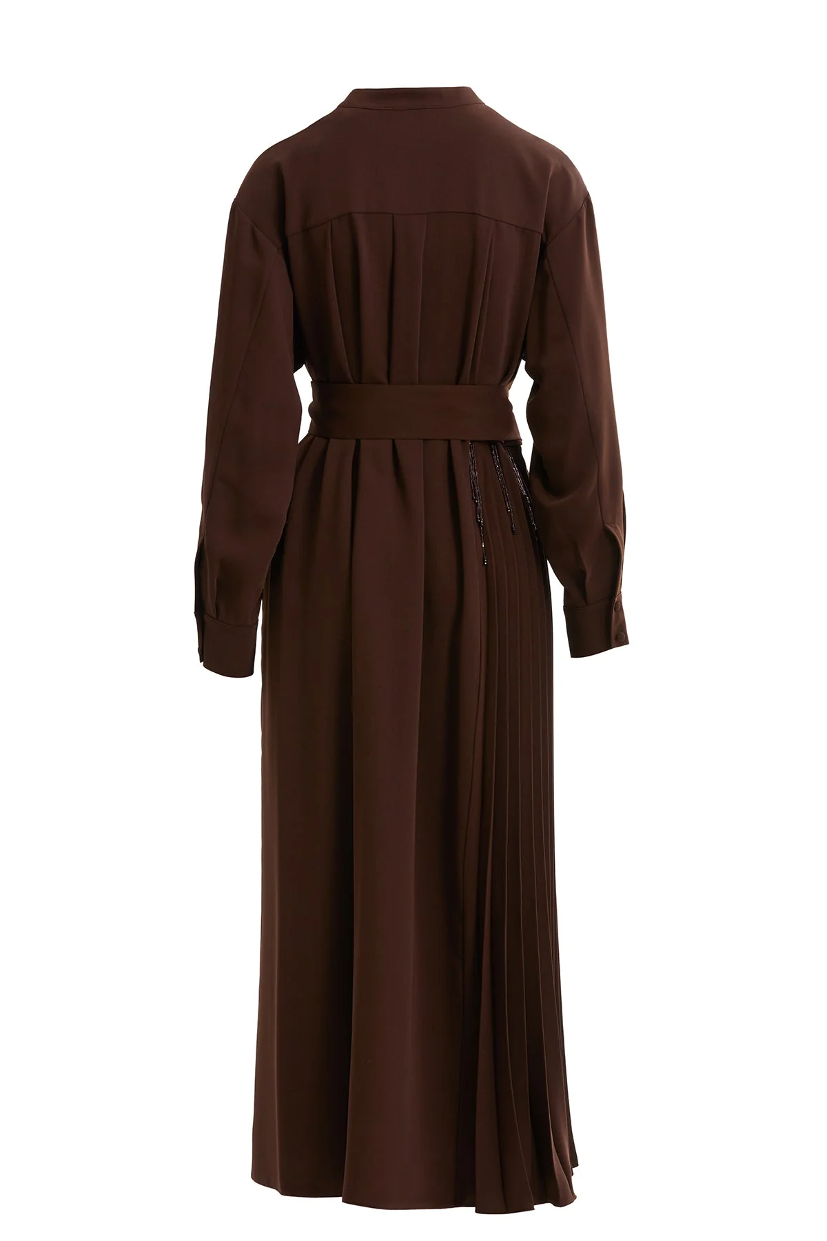 Brown Pleated Belted Long Dress - Image 3