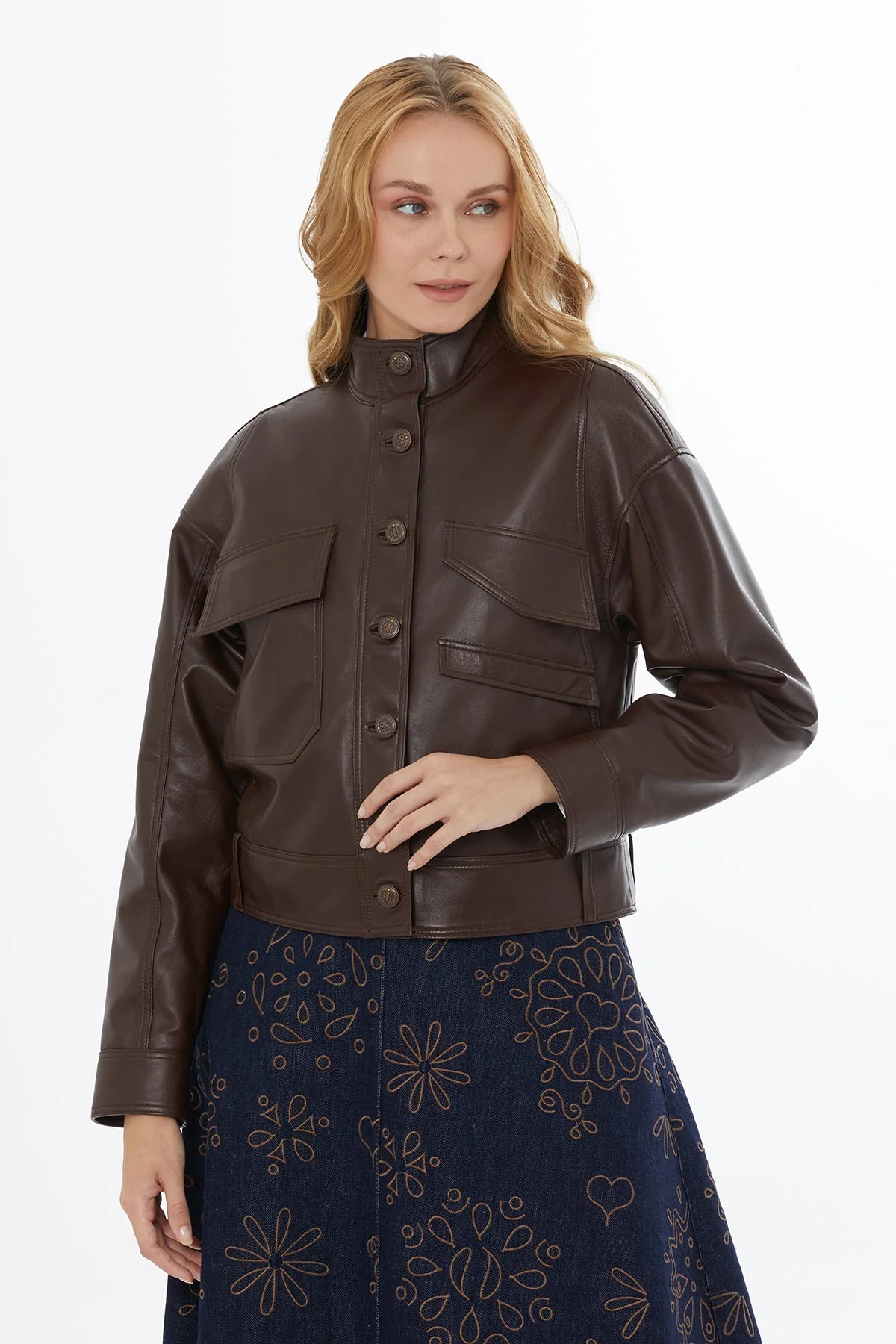 Brown Stand-Collar Leather Jacket - Image 3