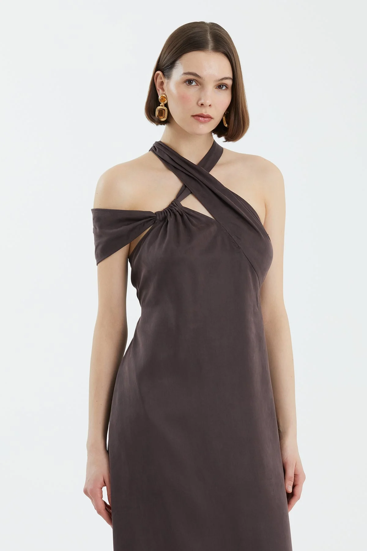 Brown Tie Detail Asymmetric Dress - Image 2