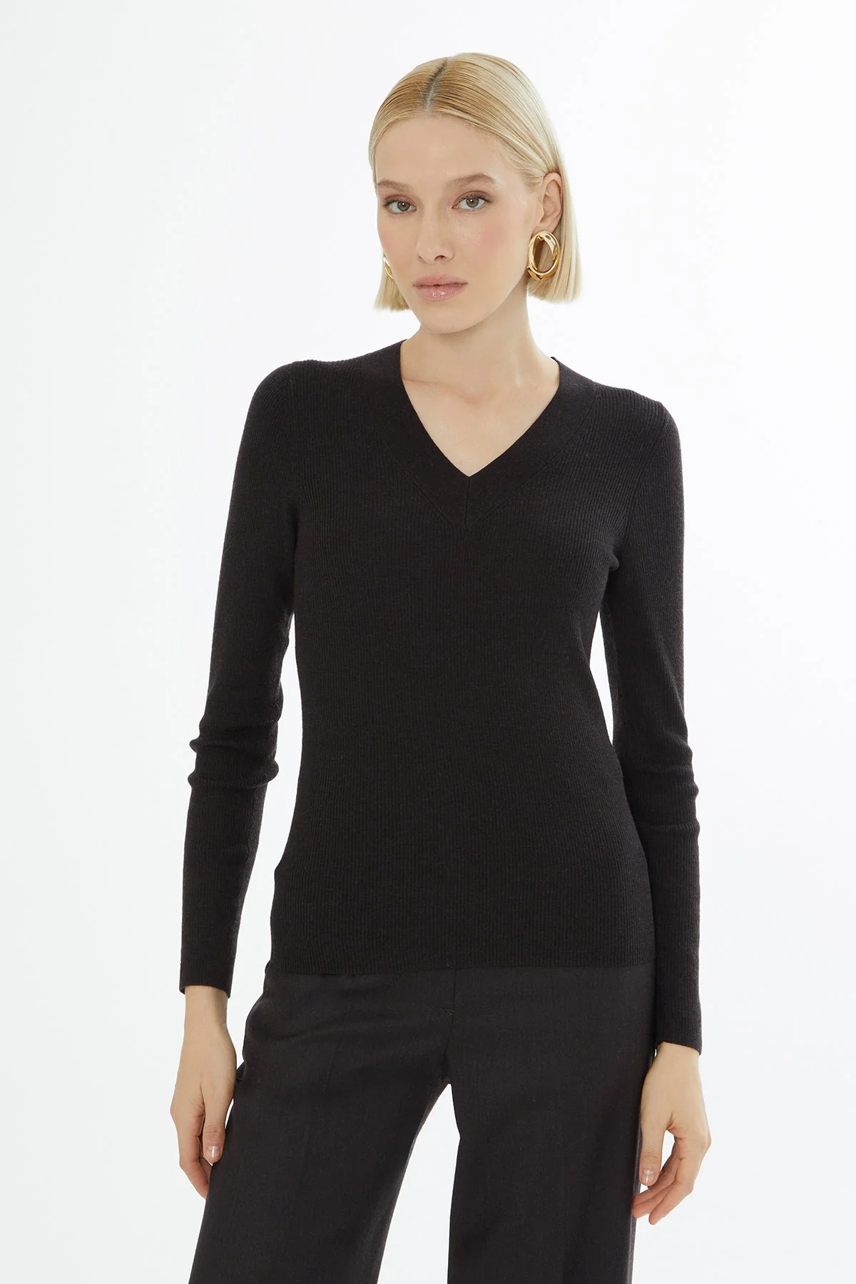 Brown V-Neck Long-Sleeved Blouse - Image 2