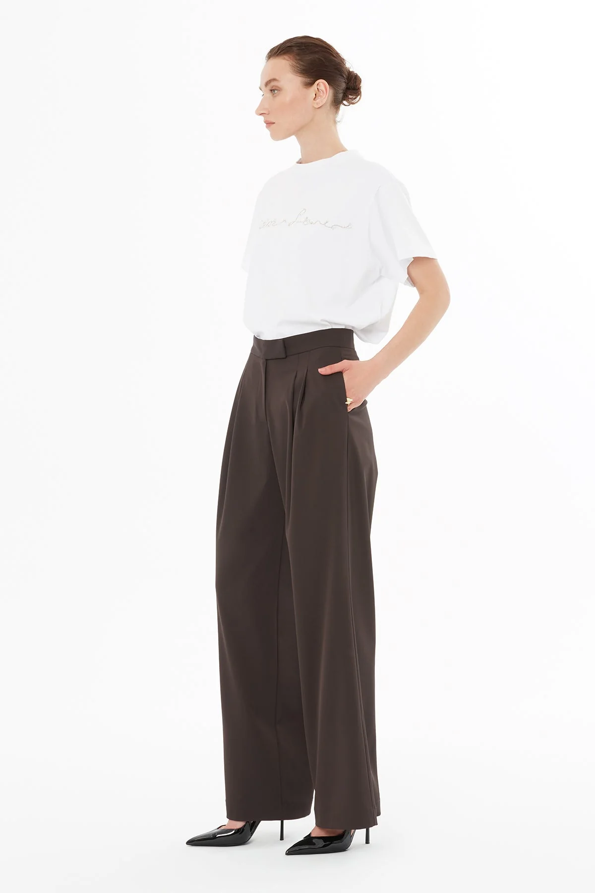 Brown Wide-Leg Pleated Trousers - Image 2