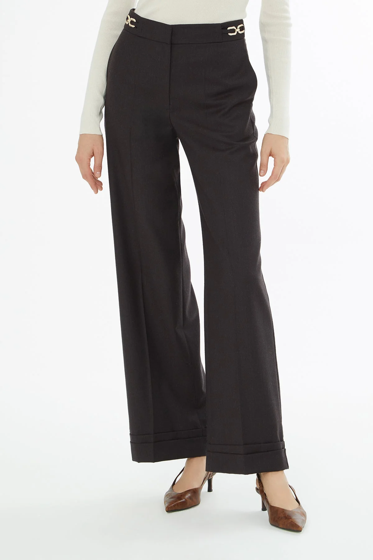 Brown Wide Trousers with Waist Accessory - Image 3