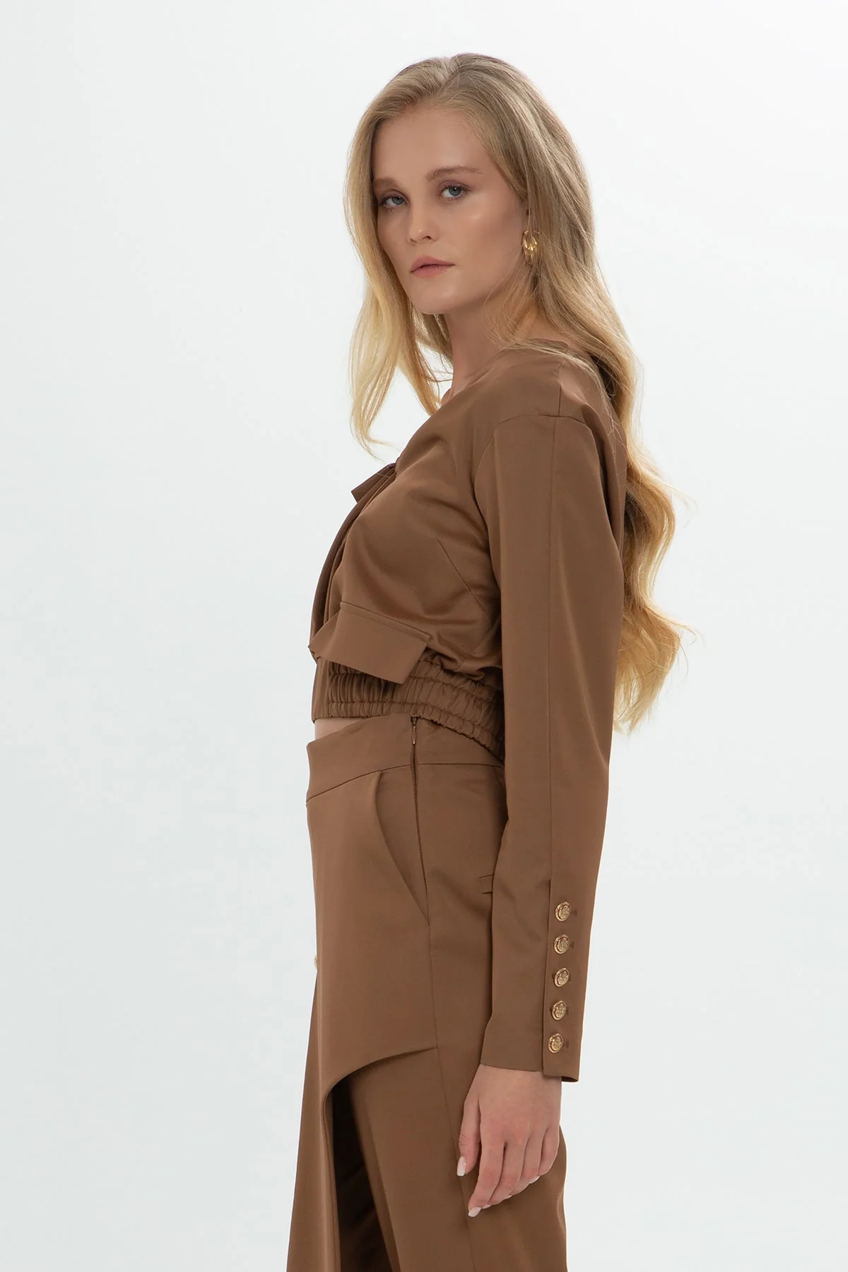 Brown Zip-Up Button Detail Cropped Jacket - Image 3