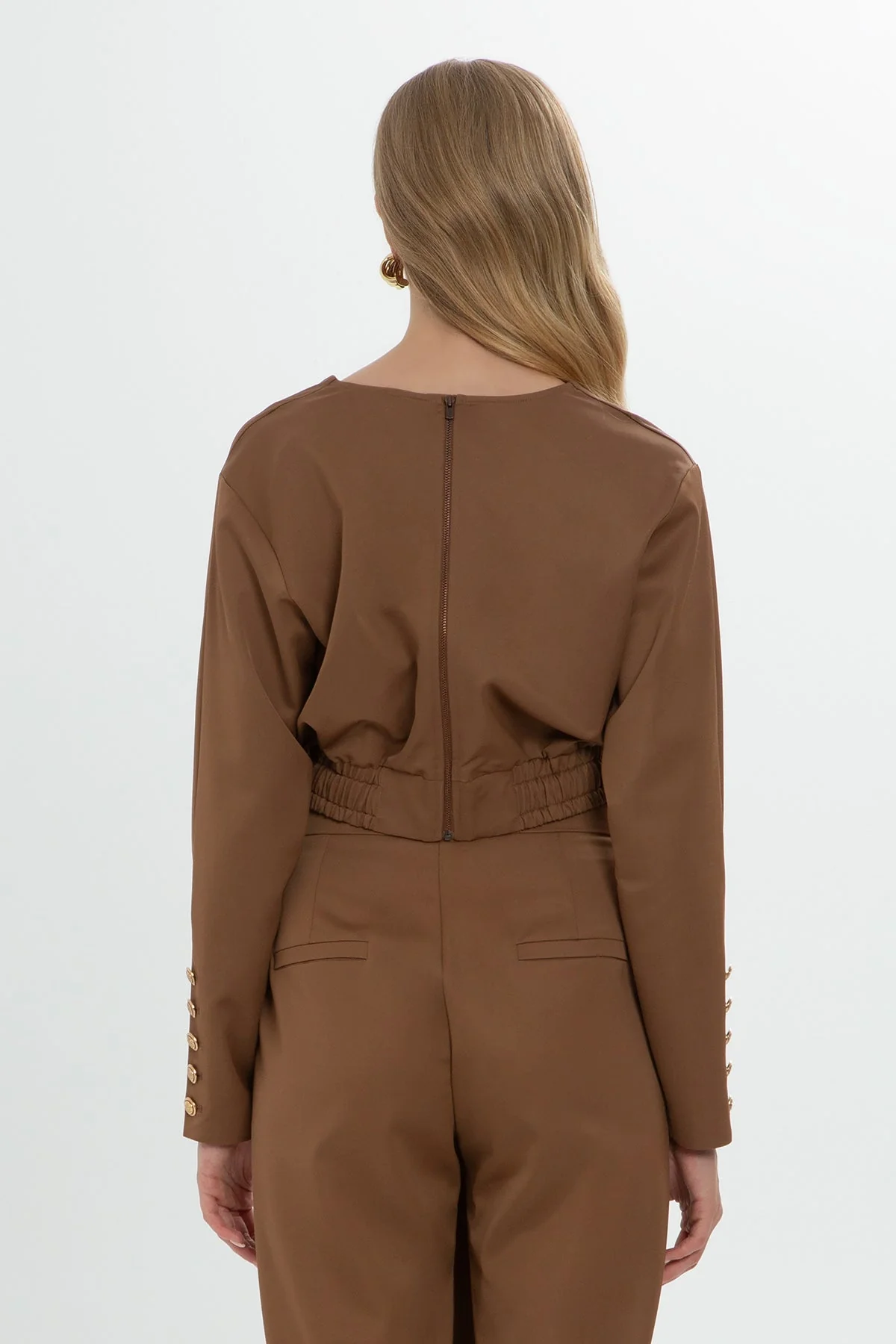 Brown Zip-Up Button Detail Cropped Jacket - Image 4