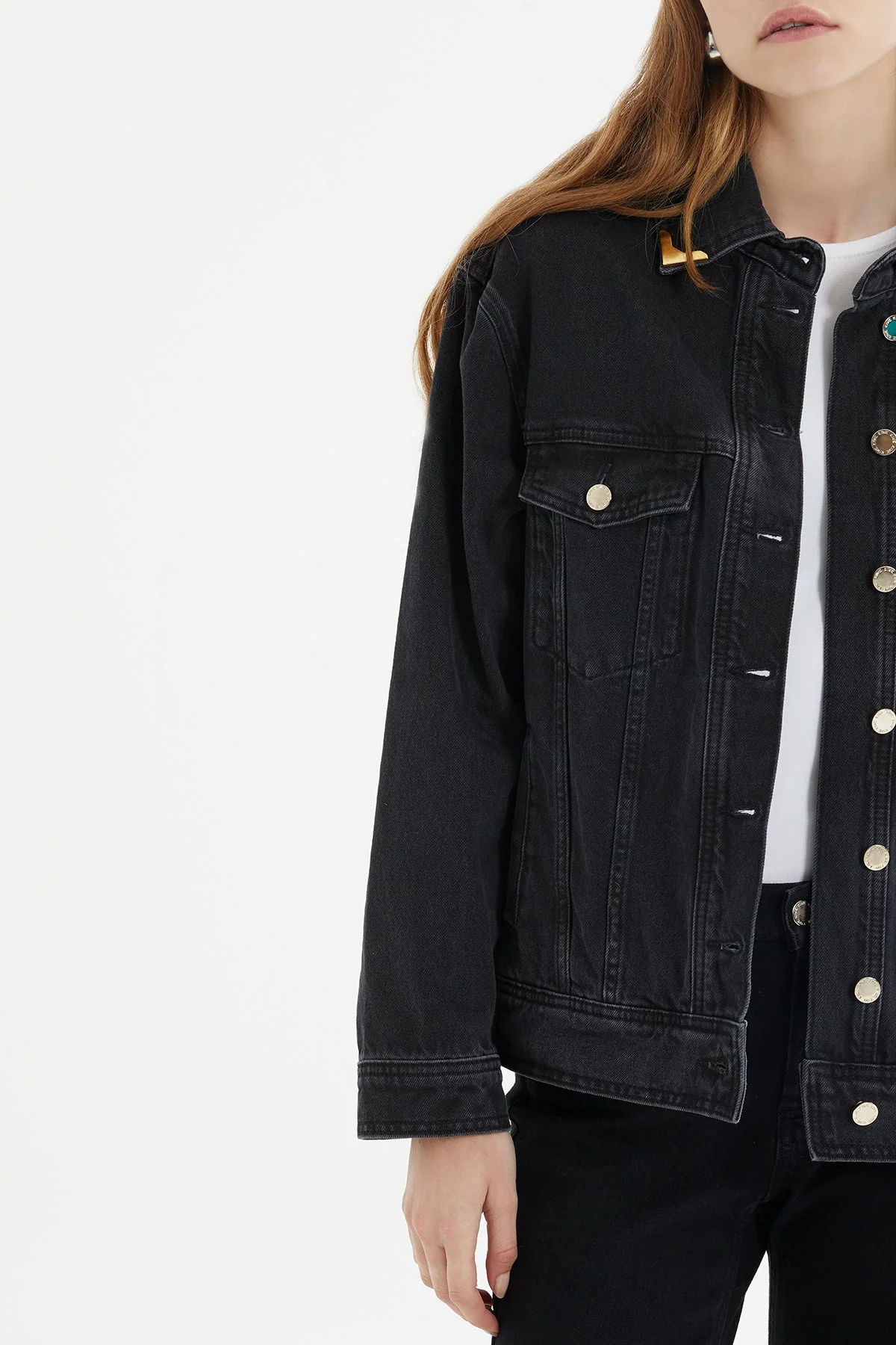 Collar-Accessory Oversize Denim Jacket - Image 4