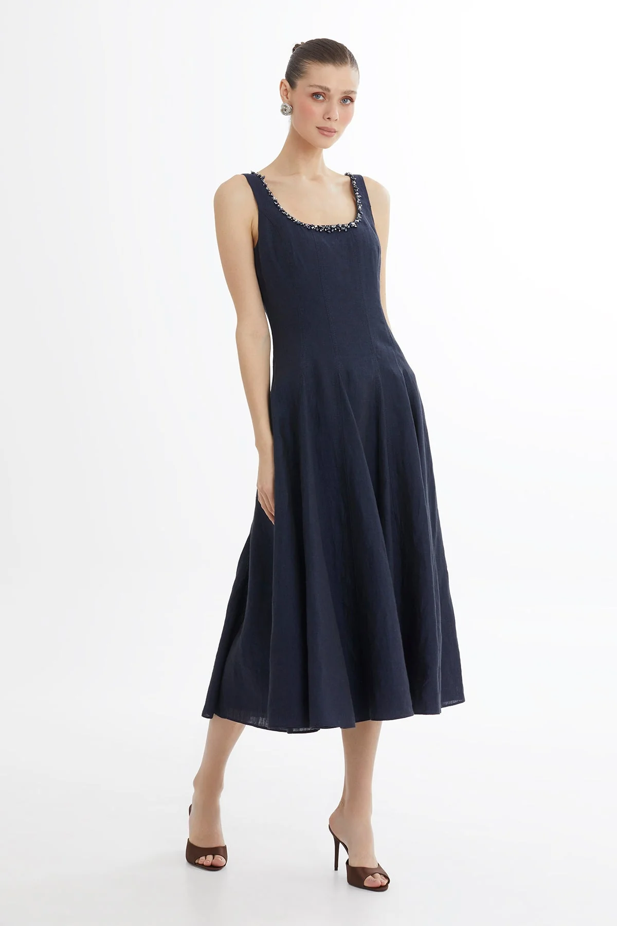 Dark Navy Embroidered Collar Linen Midi Dress