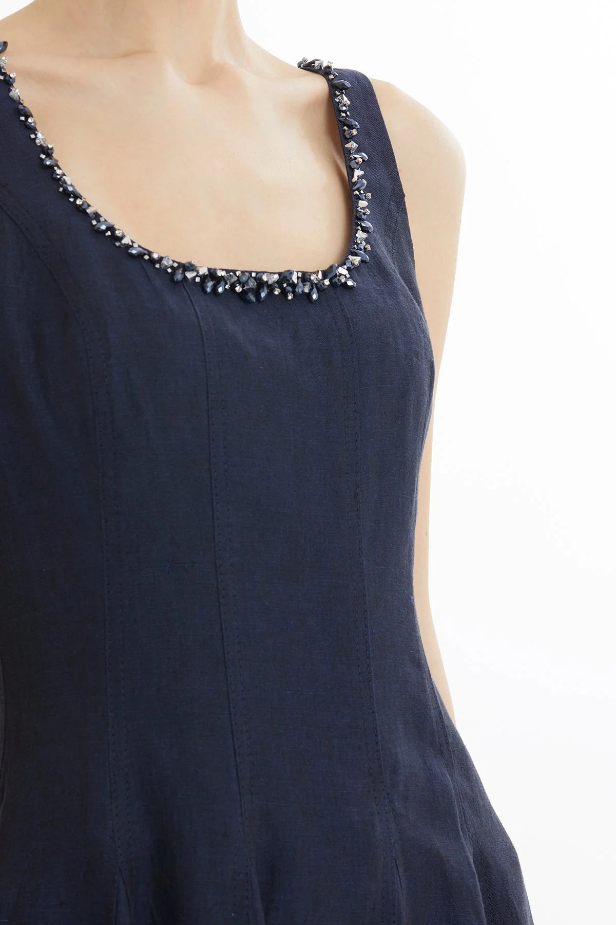 Dark Navy Embroidered Collar Linen Midi Dress - Image 3