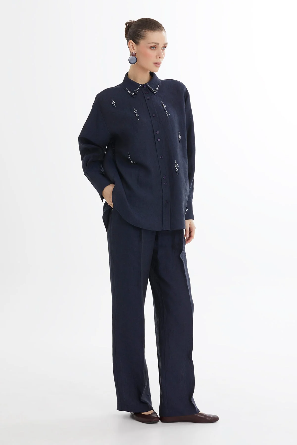 Dark Navy Embroidered Linen Shirt - Image 3