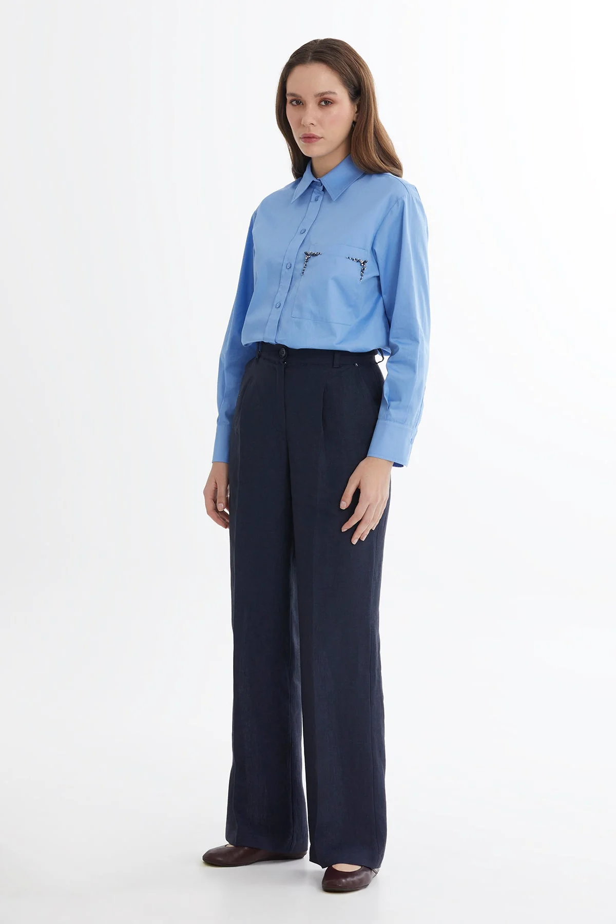Dark Navy Wide-Leg Linen Trousers - Image 3