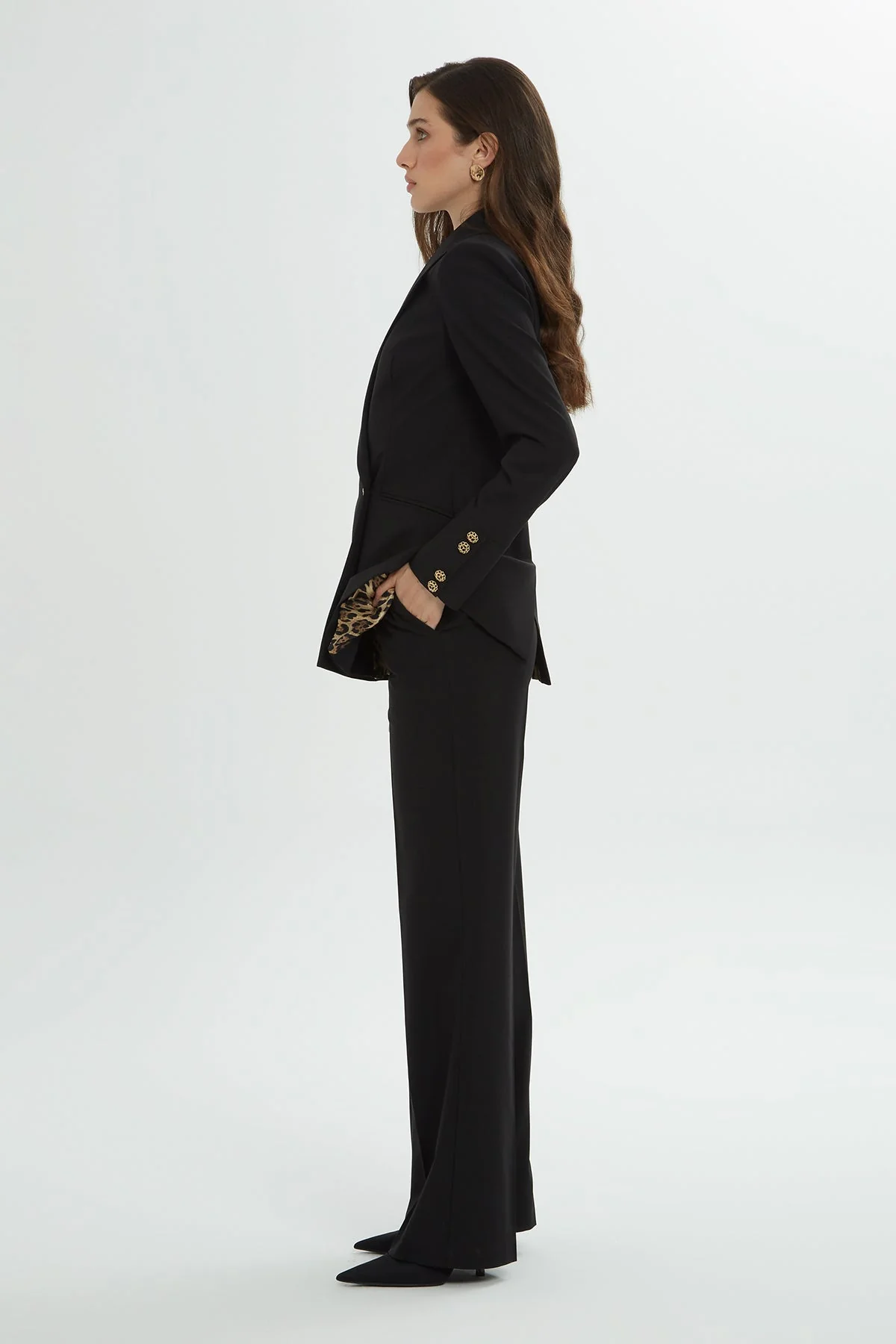 Double Breasted Leopard Lined Palazzo Trouser Suit In - Image 4