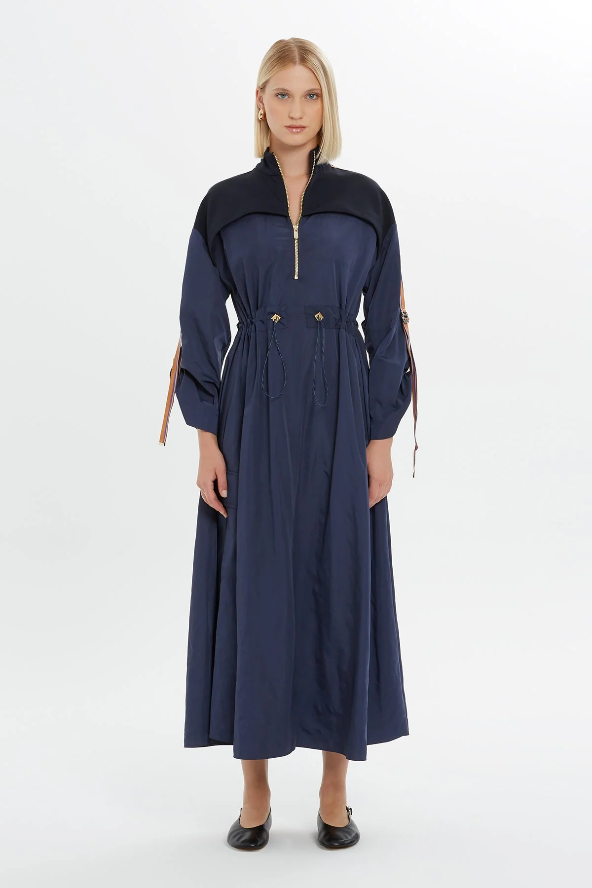 Dress with Zipper Details Drawstring Waist