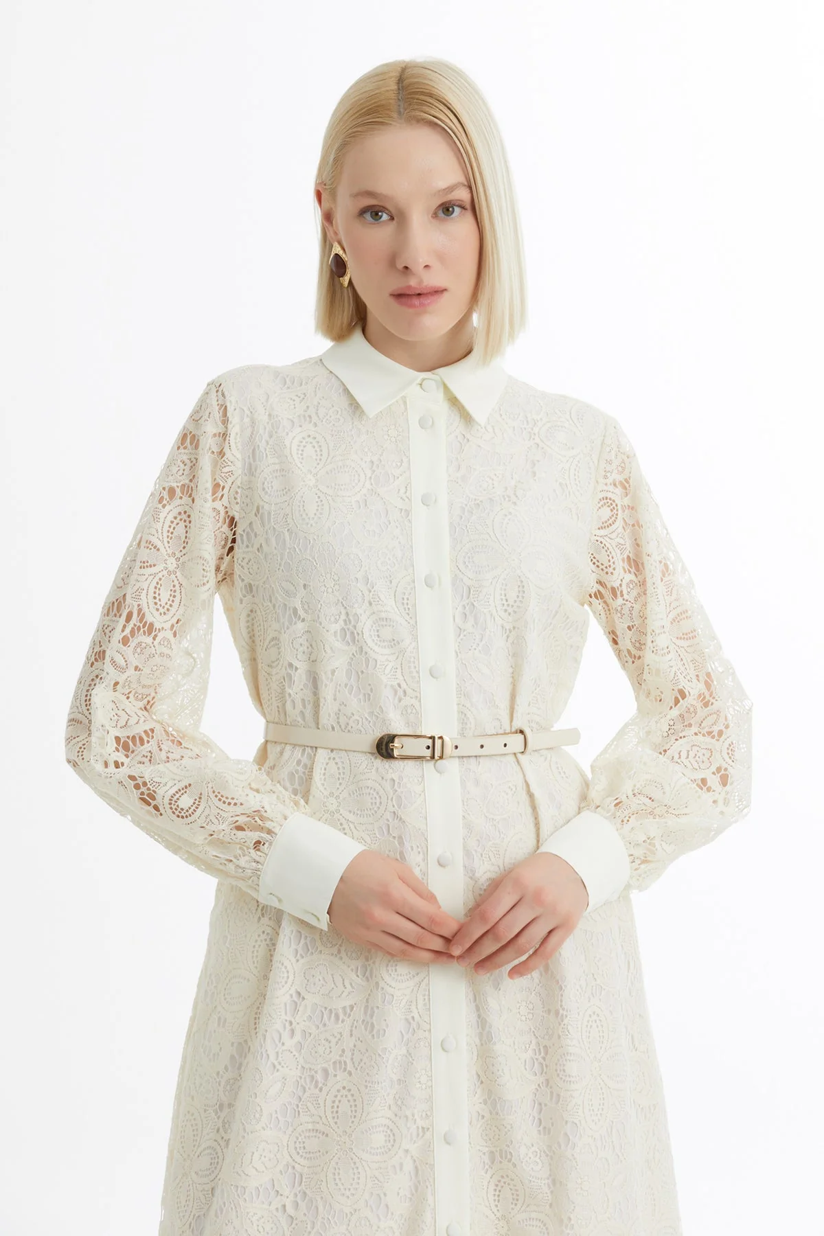 Ecru Balloon Sleeve Patterned Dress - Image 2