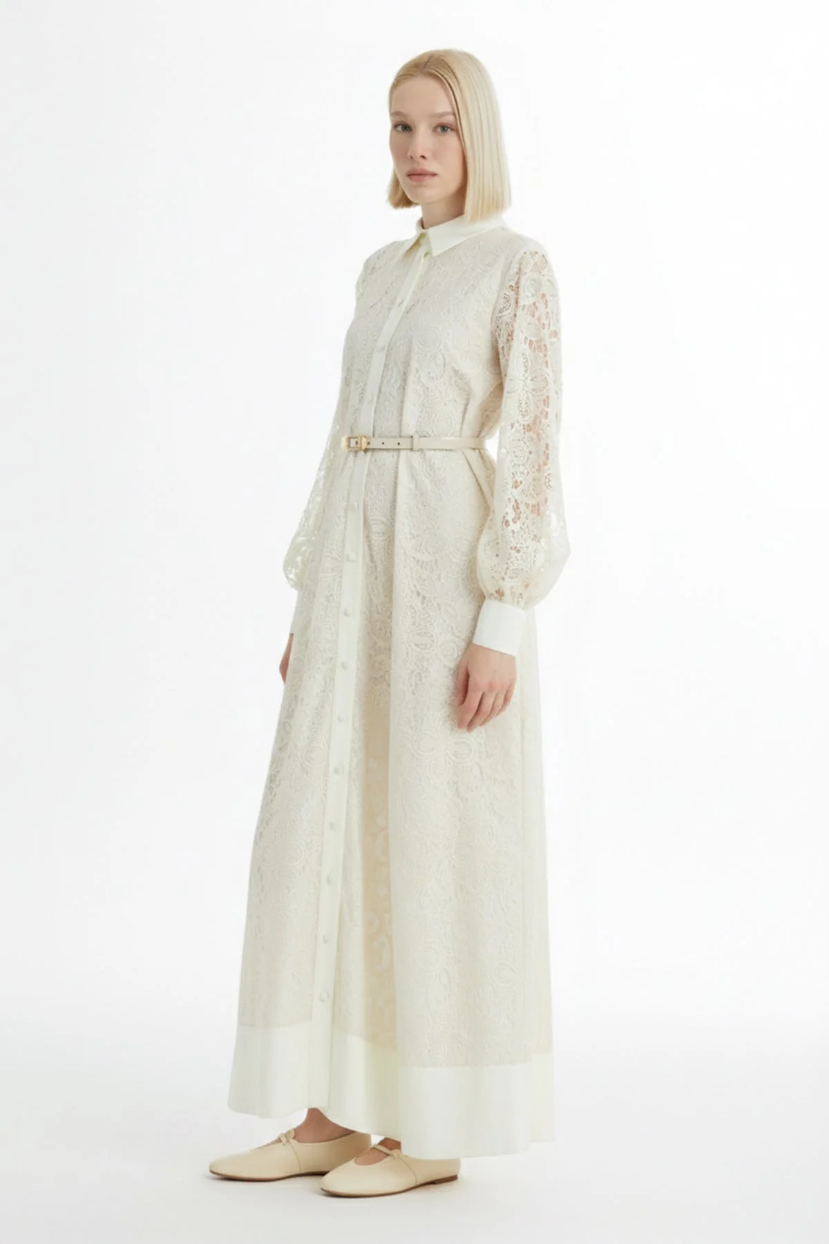 Ecru Balloon Sleeve Patterned Dress - Image 3