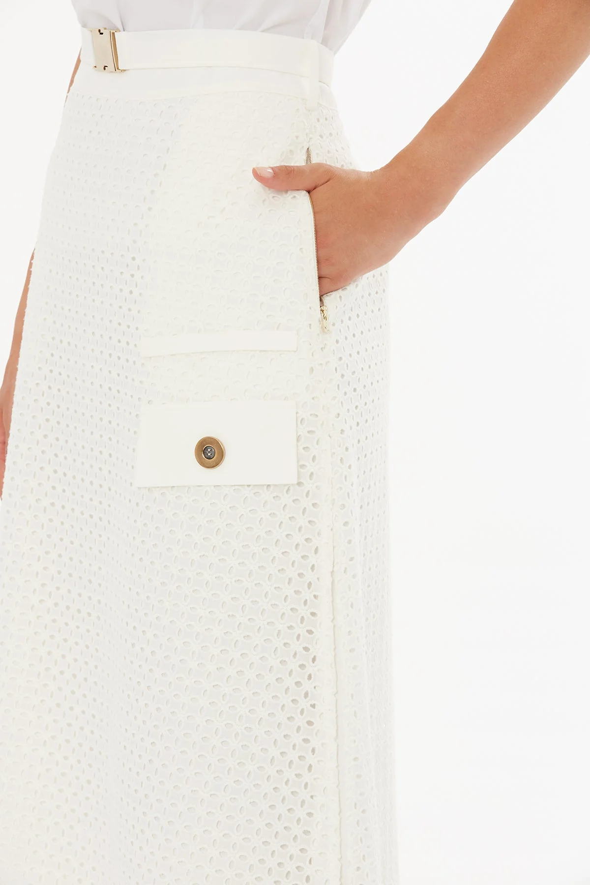 Ecru Belted Side-Slit Midi Skirt - Image 3