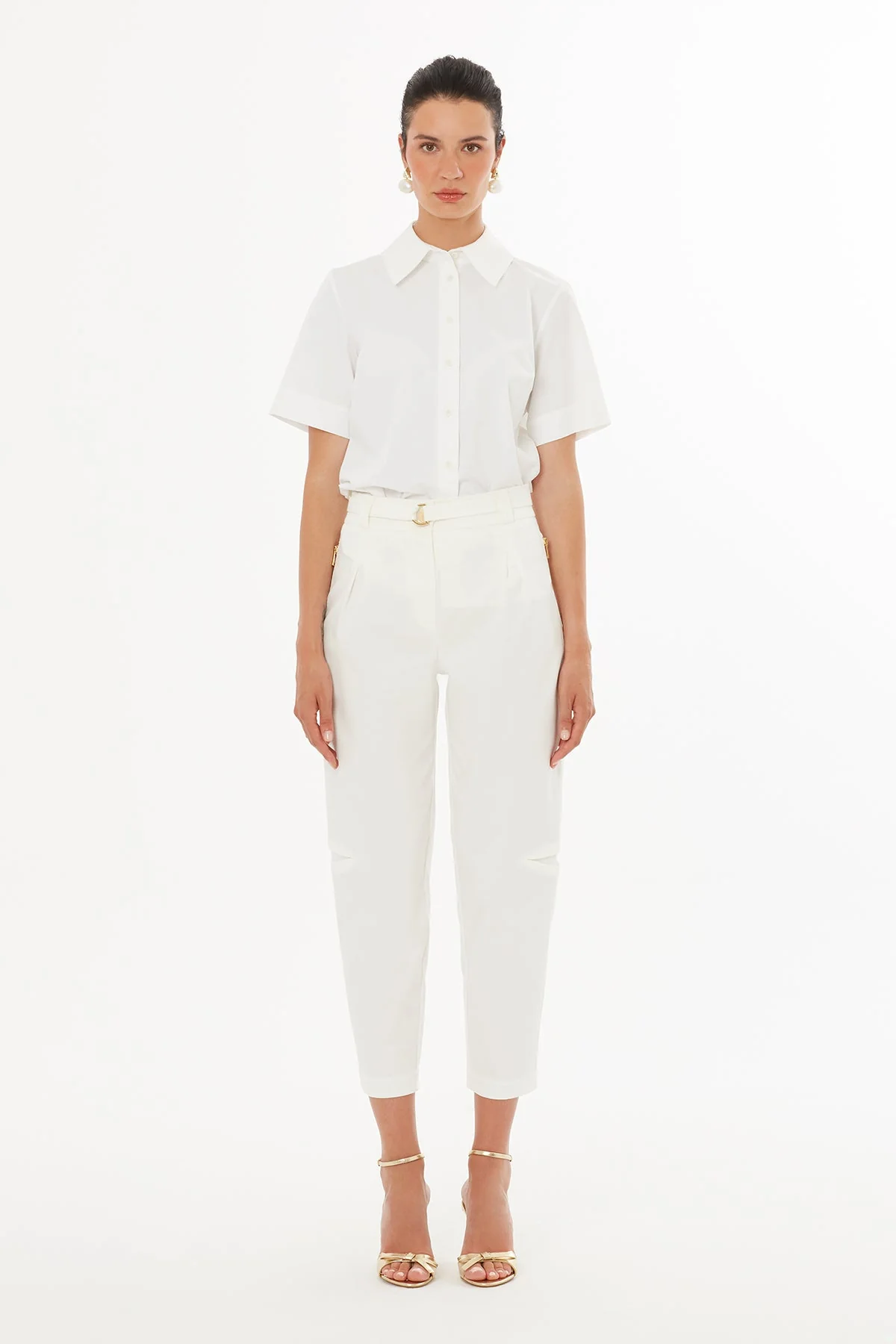 Ecru Belted Straight-Leg Trousers