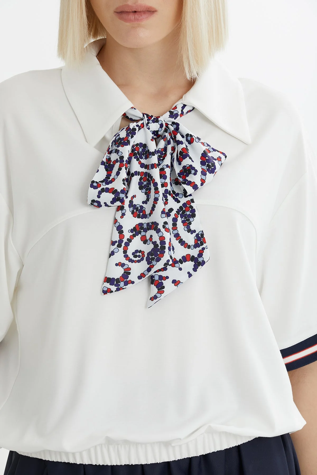 Ecru Blouse with Scarf-Neck Detail and Skirt Set - Image 3
