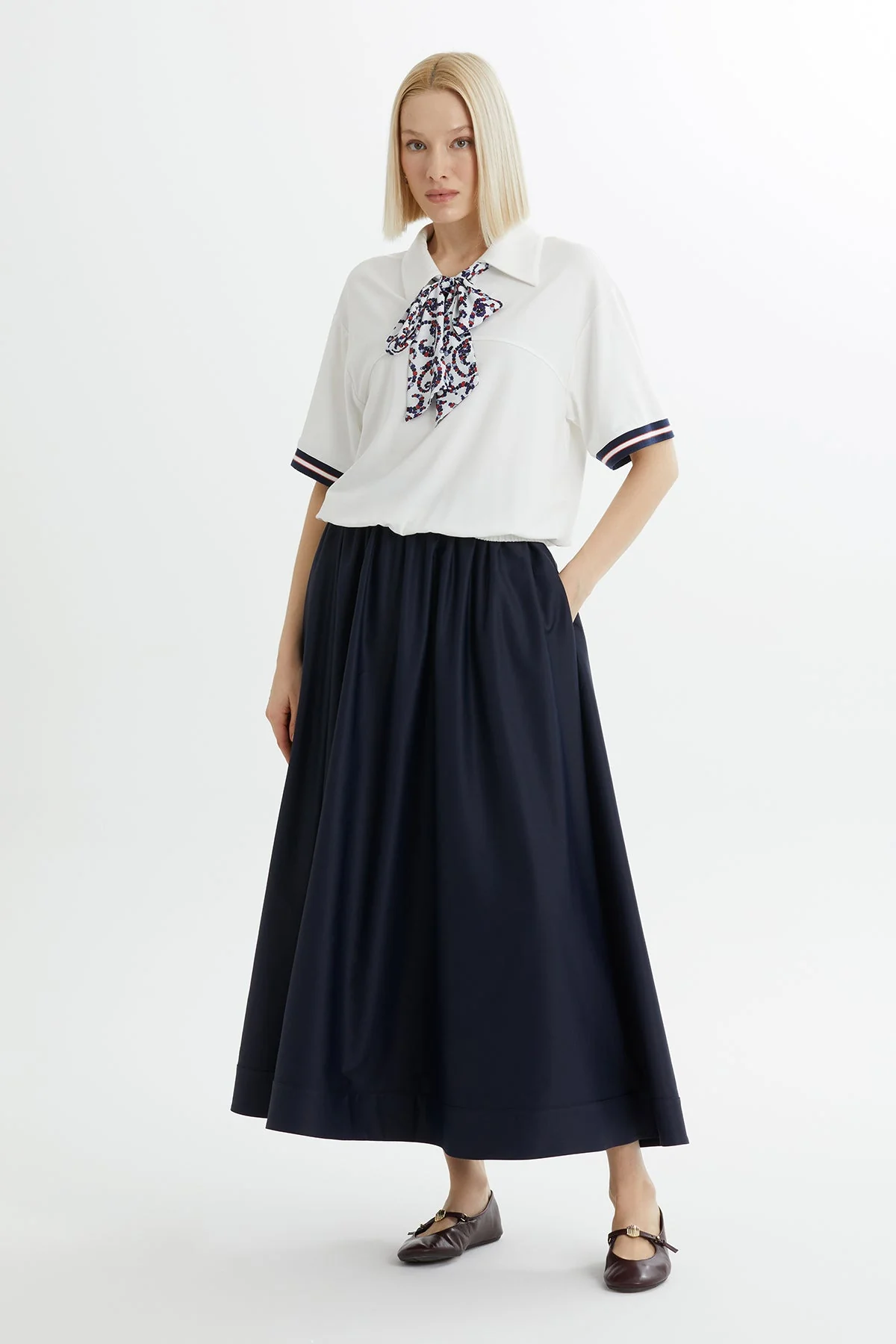 Ecru Blouse with Scarf-Neck Detail and Skirt Set - Image 4
