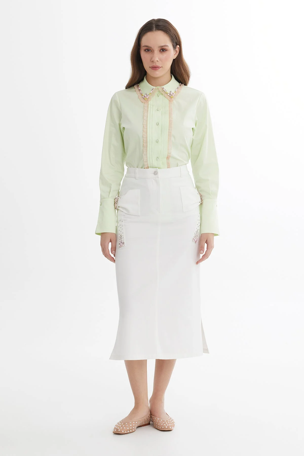 Ecru Bow Detail Embroidered Midi Skirt