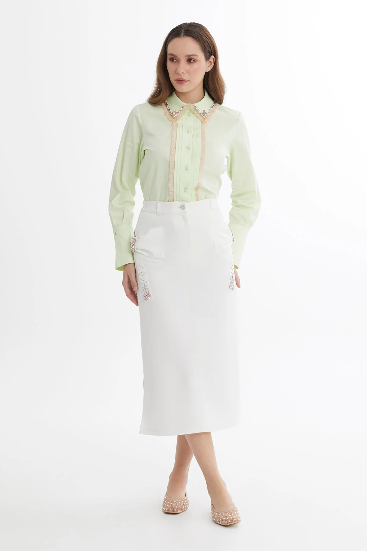 Ecru Bow Detail Embroidered Midi Skirt - Image 3
