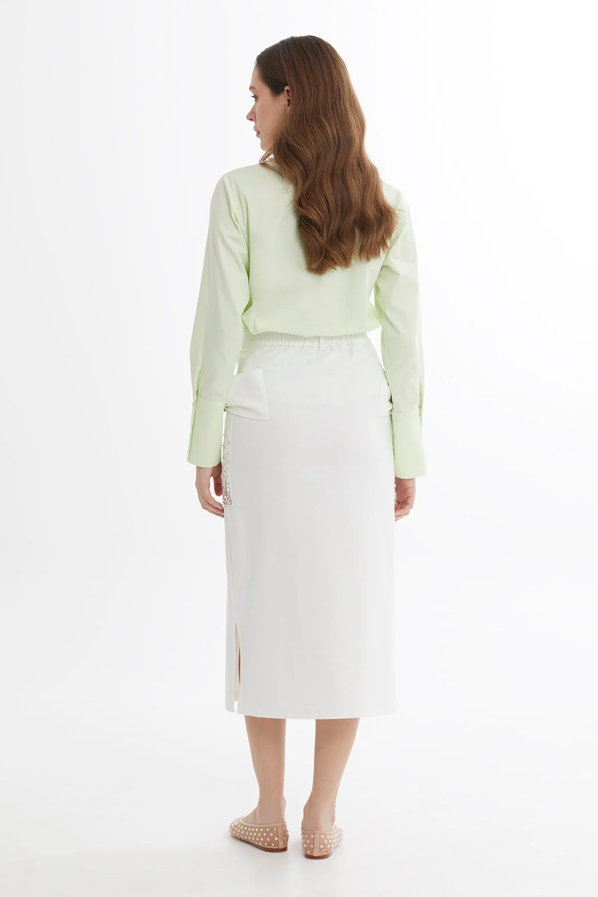 Ecru Bow Detail Embroidered Midi Skirt - Image 4