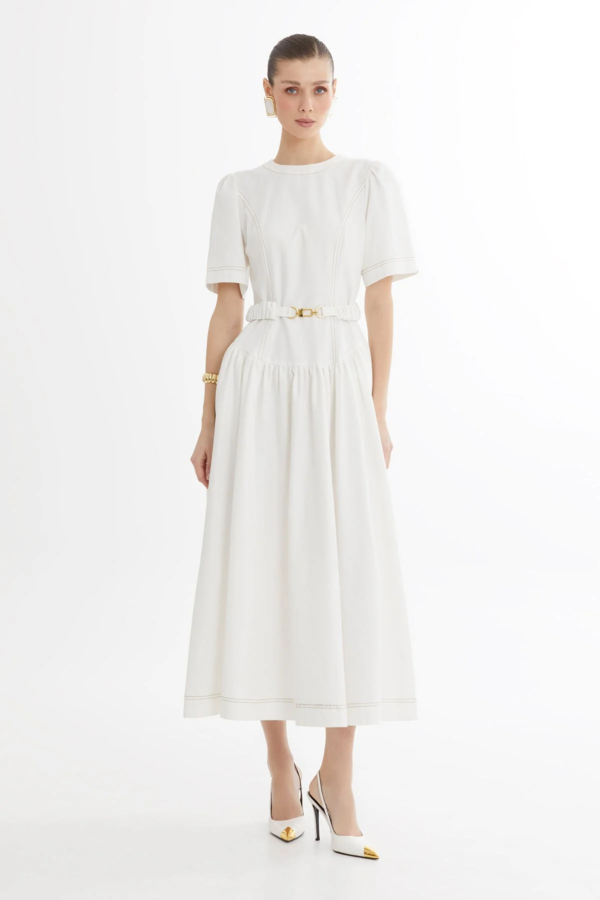 Ecru Buckle-Belt Midi Dress
