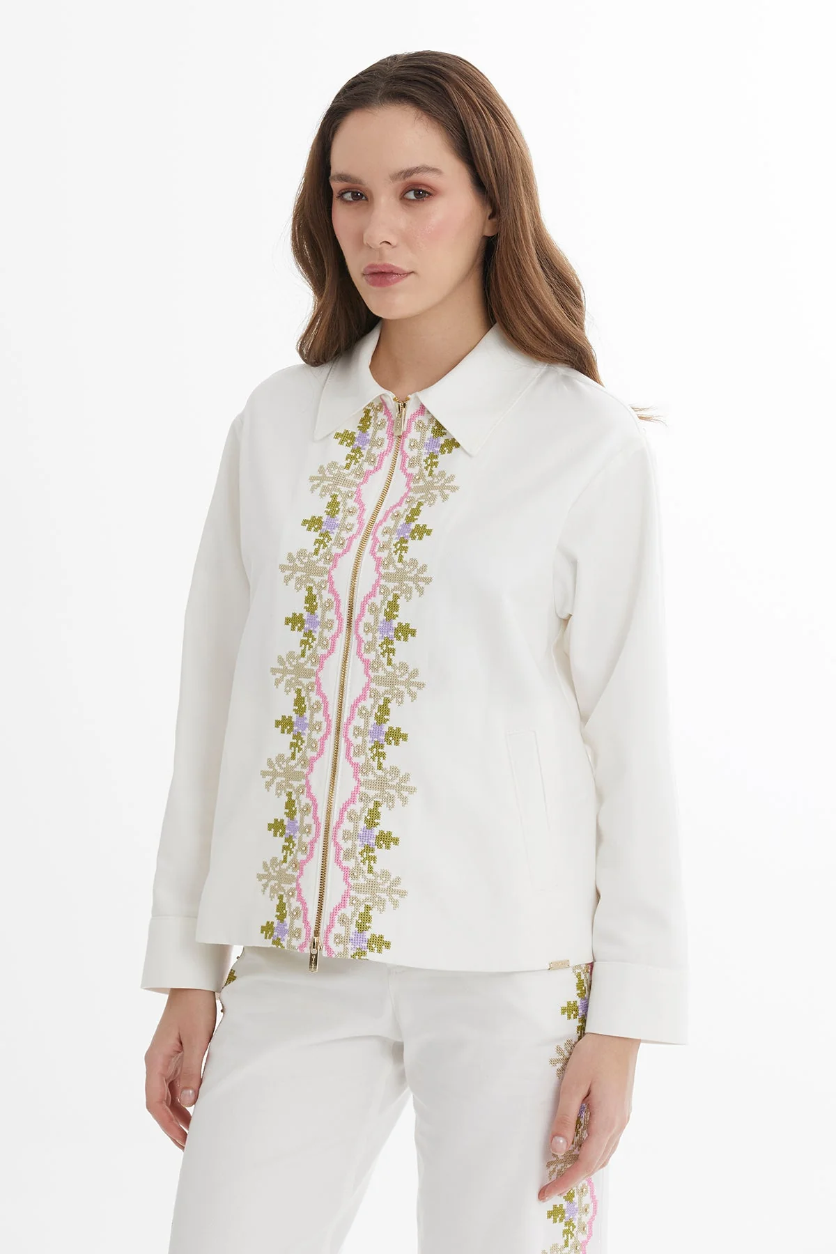 Ecru Canvas Embroidered Jacket - Image 3