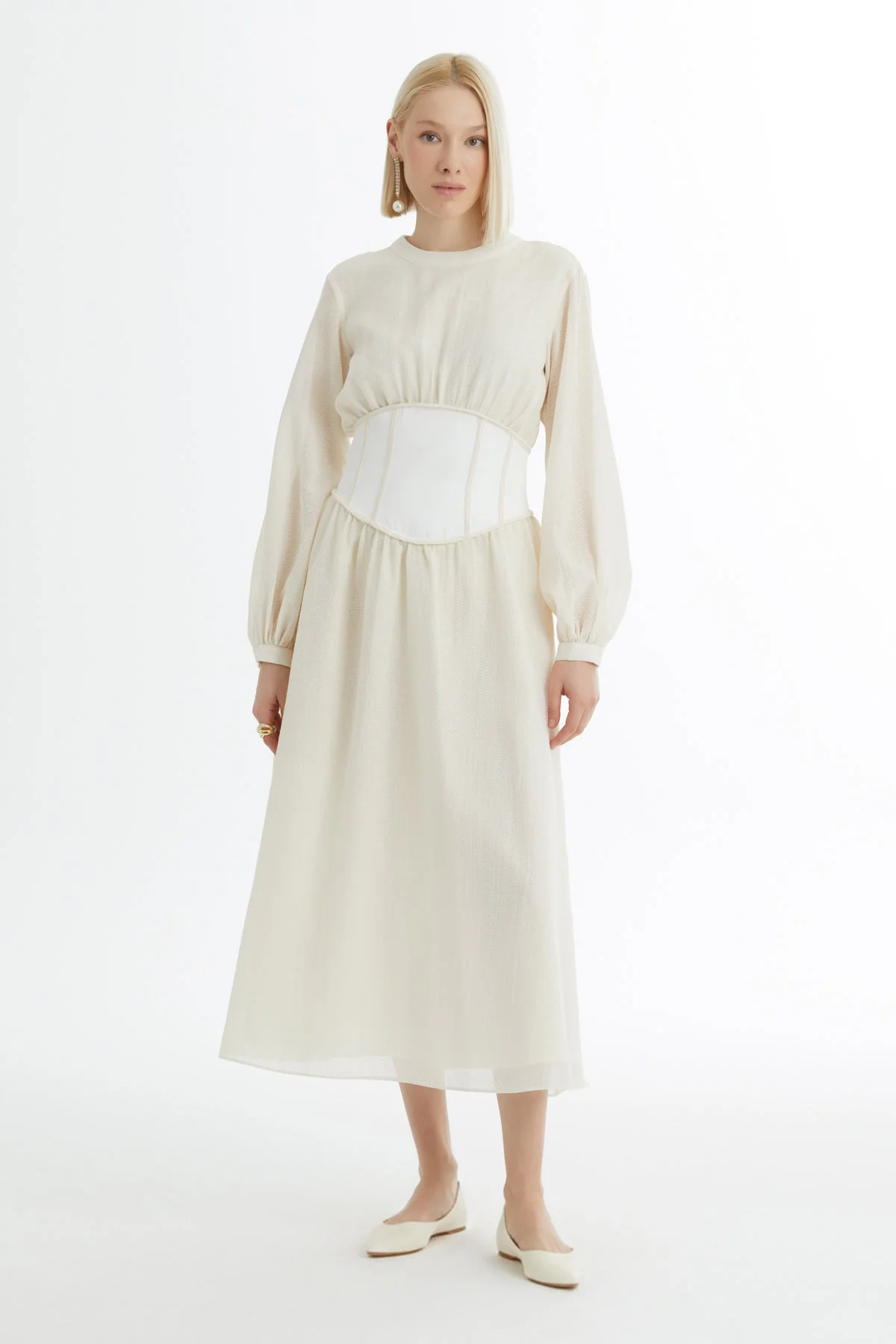 Ecru Corseted Balloon Sleeve Dress