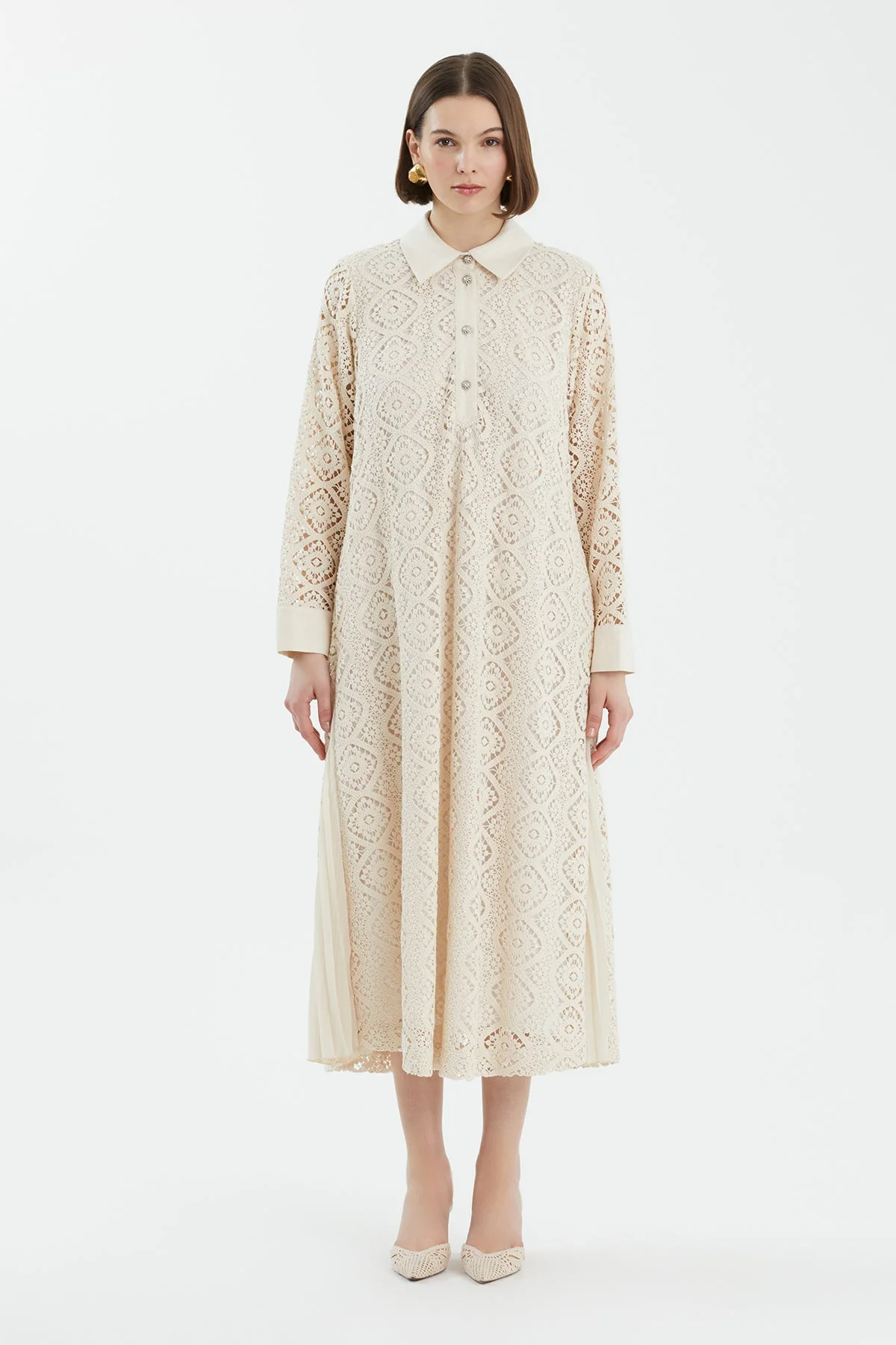 Ecru Crystal Button Lace Dress