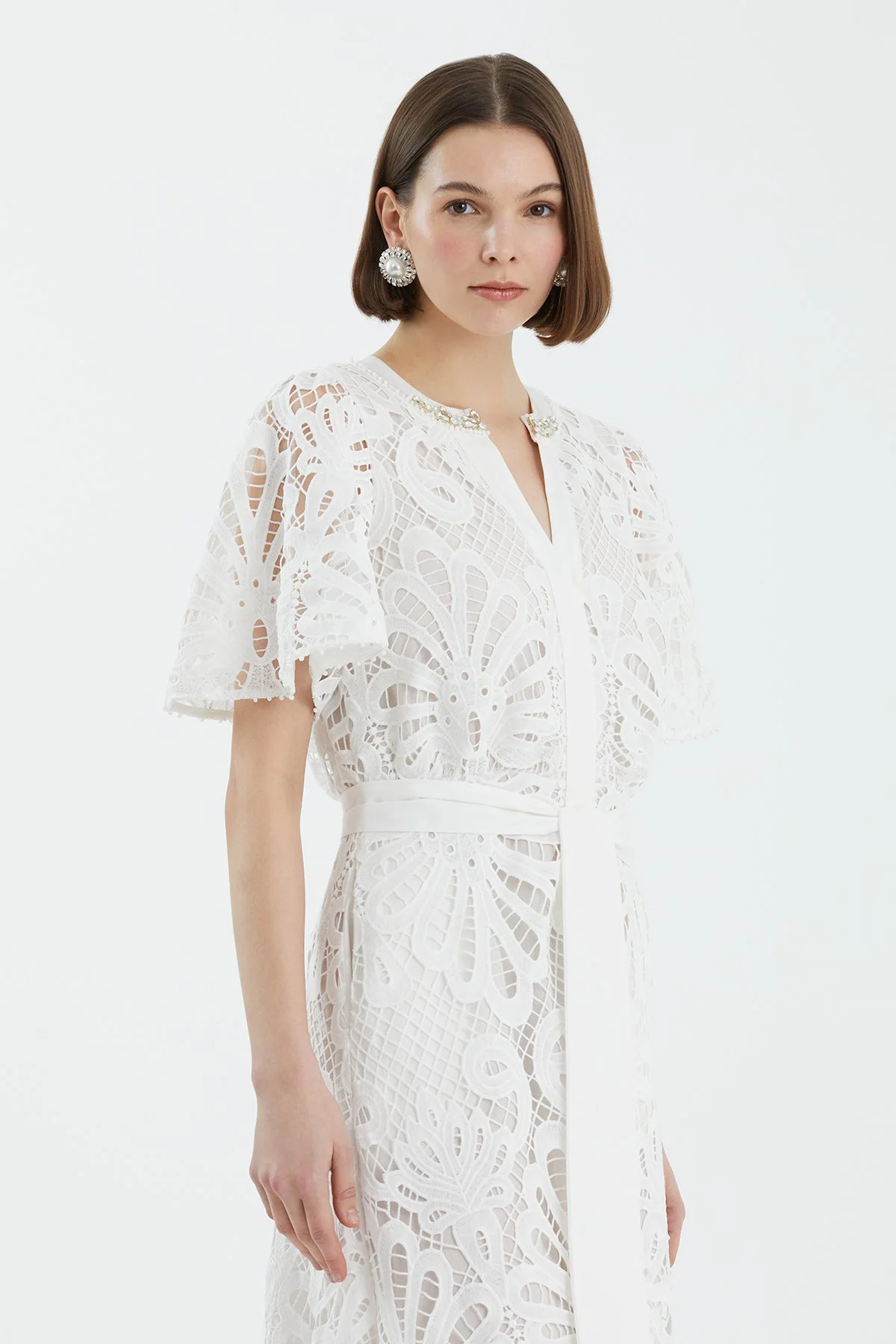 Ecru Embroidered Belted Dress - Image 2