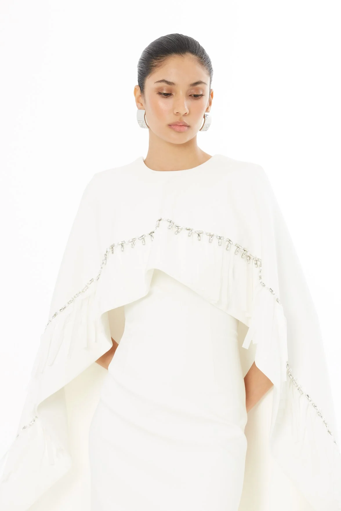 Ecru Embroidered Cape Long Dress - Image 2