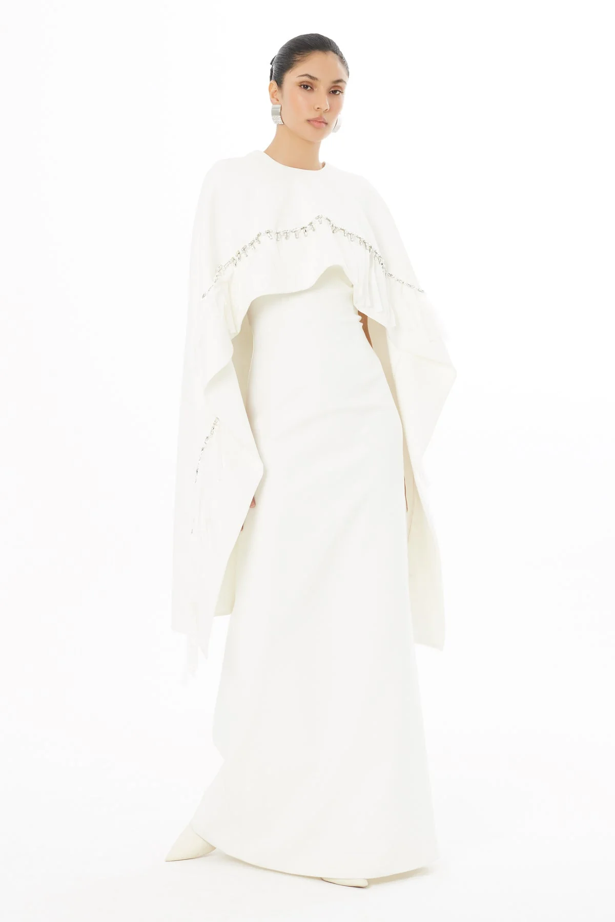 Ecru Embroidered Cape Long Dress - Image 3