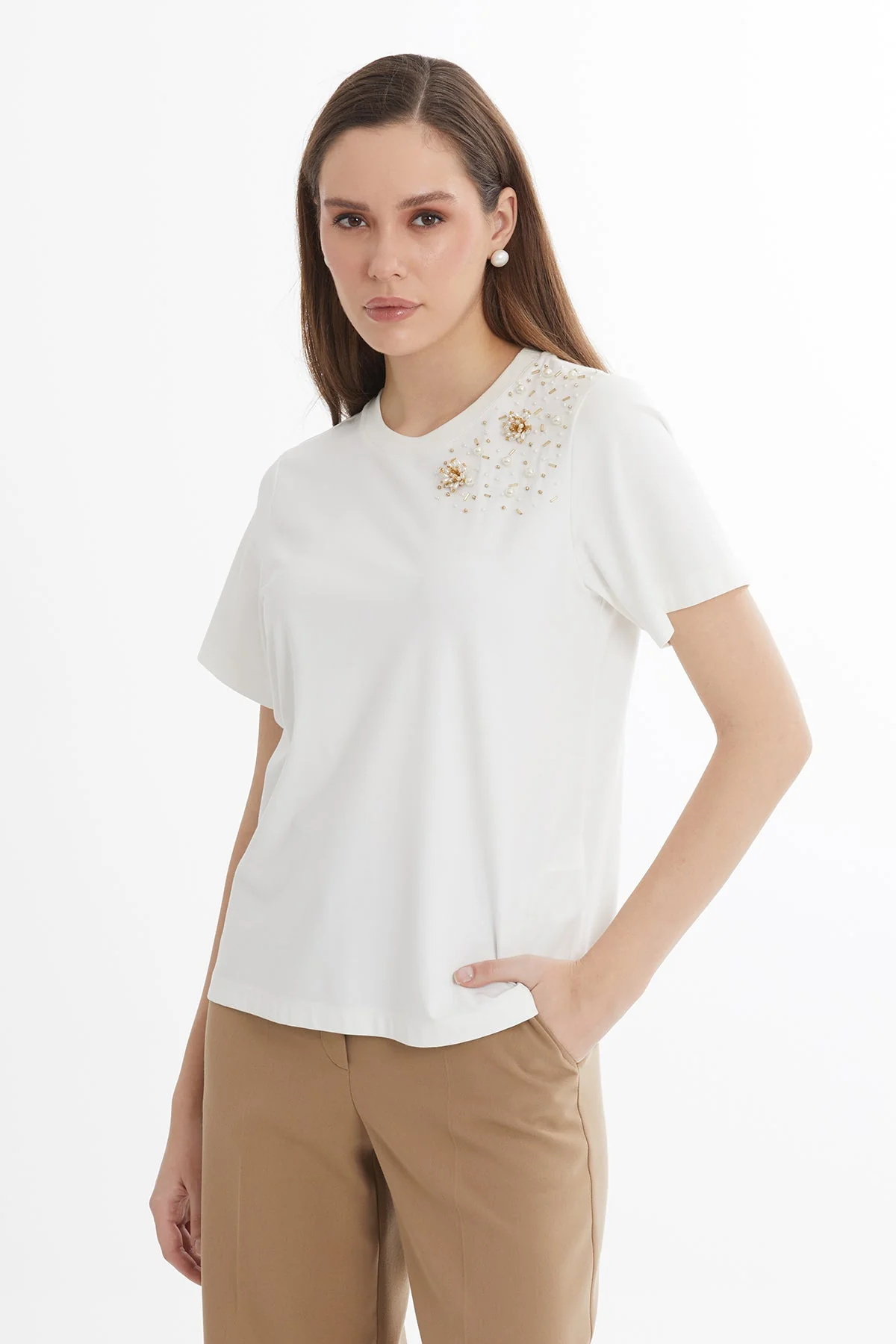 Ecru Embroidered Detail T-Shirt - Image 2