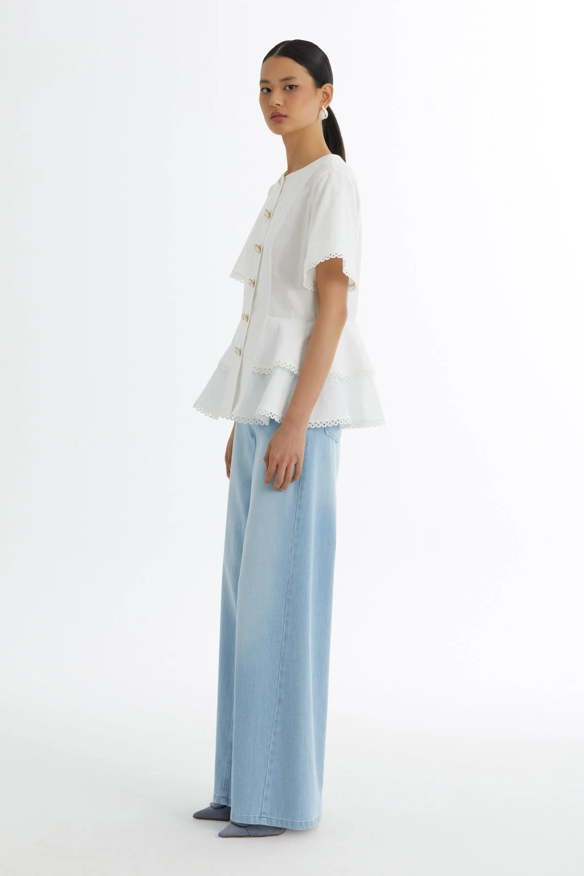 Ecru Flounce Button-Closure Blouse - Image 4