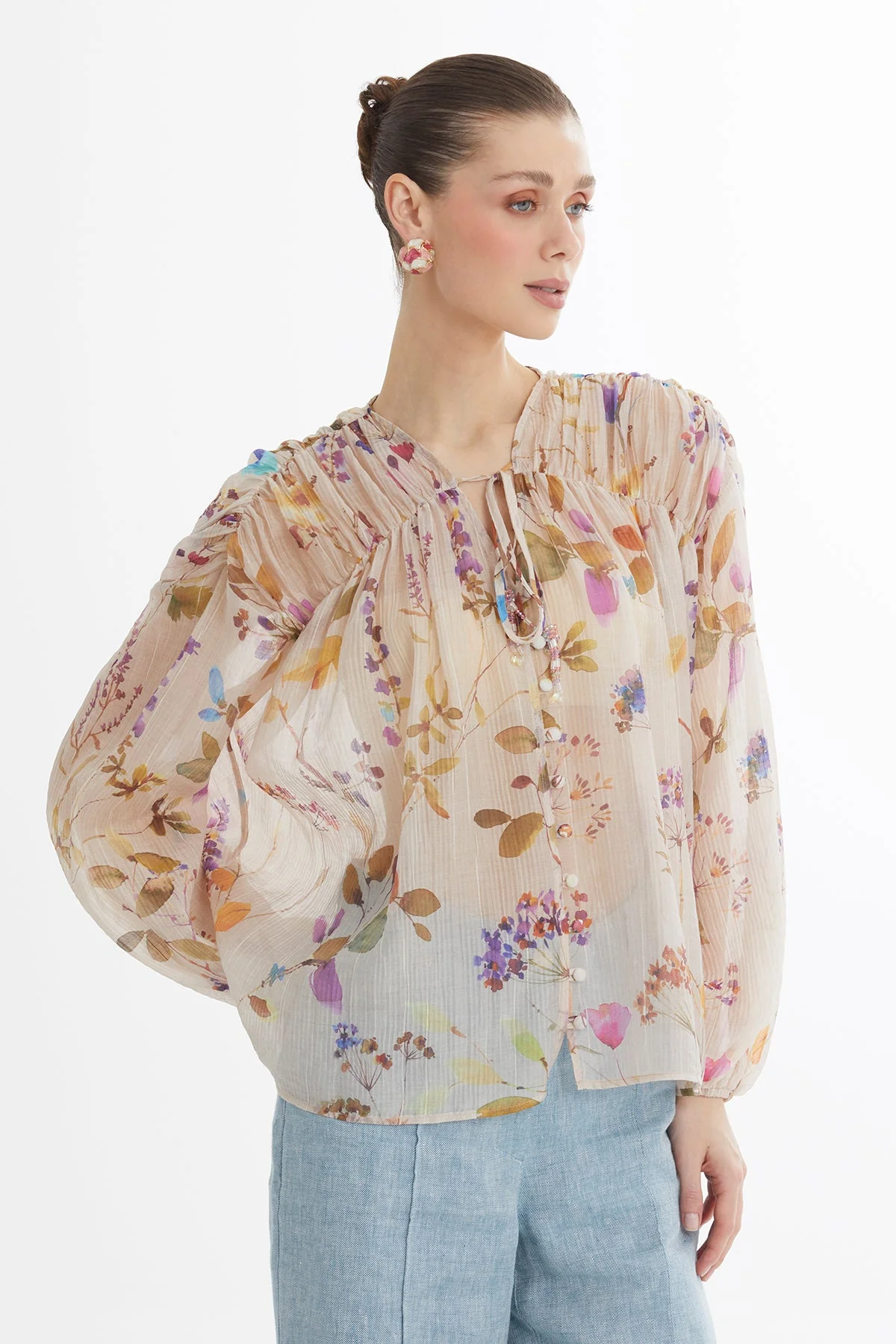 Ecru Gathered Embroidered Blouse - Image 3