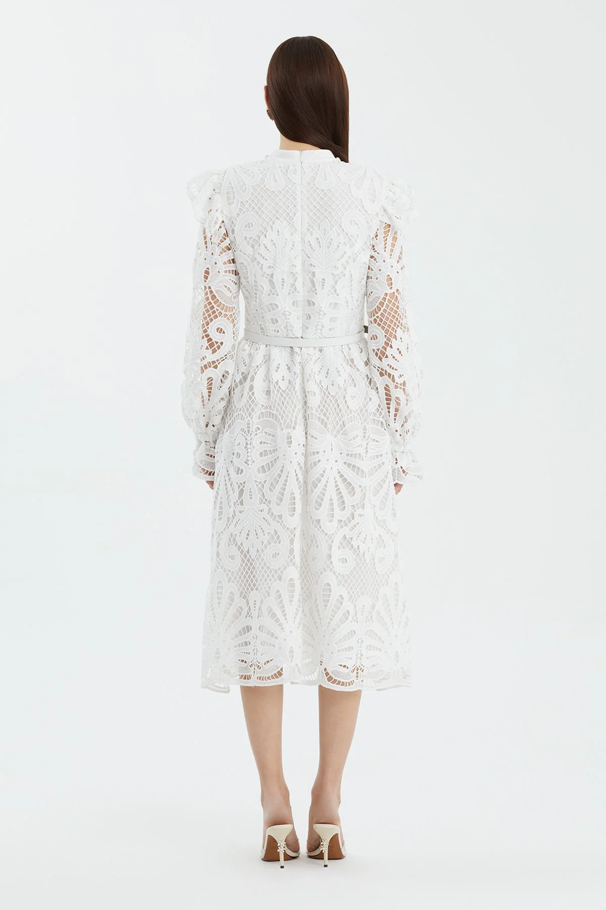 Ecru Leather-Belt Gathered Sleeve Midi Dress - Image 4